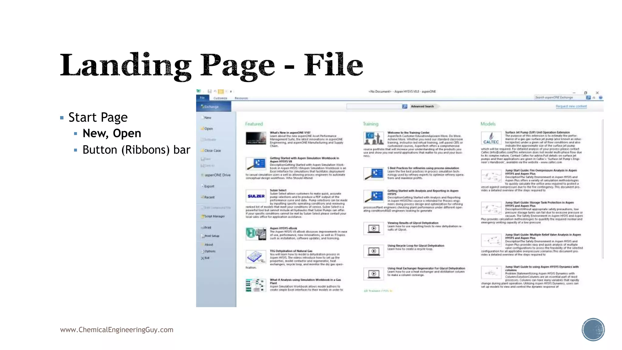  Start Page
 New, Open
 Button (Ribbons) bar
www.ChemicalEngineeringGuy.com
 