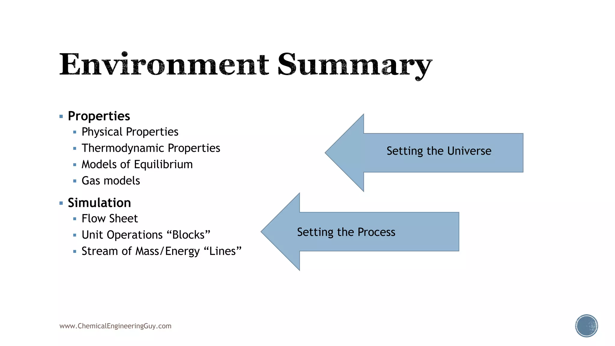  Properties
 Physical Properties
 Thermodynamic Properties
 Models of Equilibrium
 Gas models
 Simulation
 Flow Sheet
 Unit Operations “Blocks”
 Stream of Mass/Energy “Lines”
www.ChemicalEngineeringGuy.com
Setting the Universe
Setting the Process
 