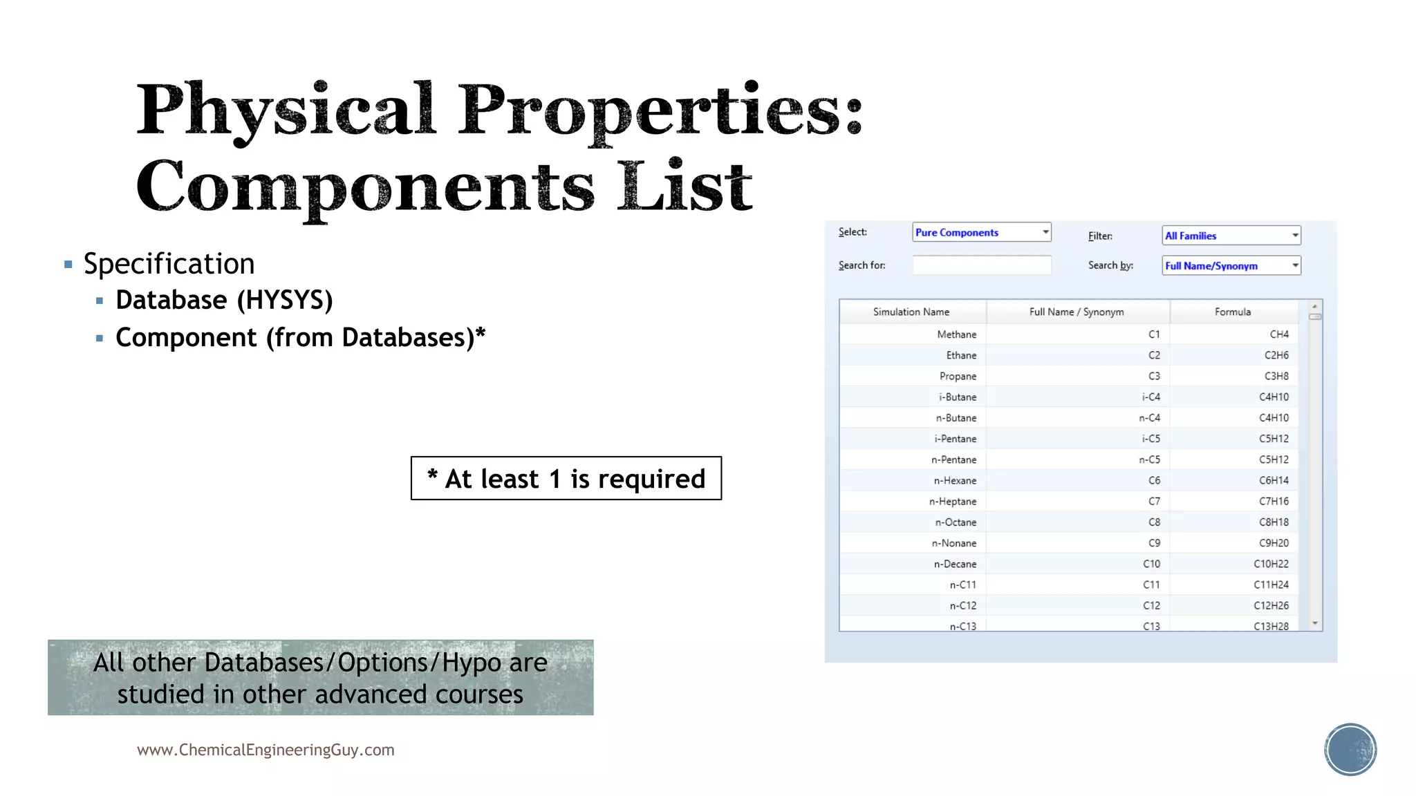  Specification
 Database (HYSYS)
 Component (from Databases)*
www.ChemicalEngineeringGuy.com
* At least 1 is required
All other Databases/Options/Hypo are
studied in other advanced courses
 