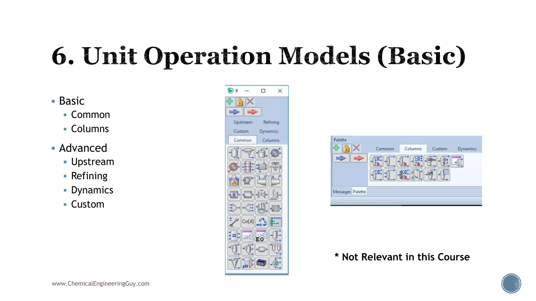  Basic
 Common
 Columns
 Advanced
 Upstream
 Refining
 Dynamics
 Custom
www.ChemicalEngineeringGuy.com
* Not Relevant in this Course
 