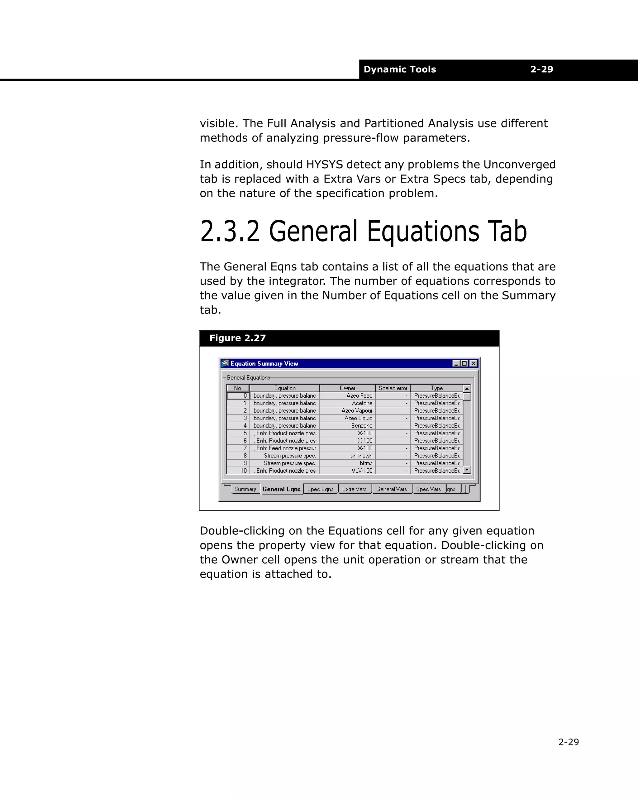 Dynamic Tools

2-29

visible. The Full Analysis and Partitioned Analysis use different
methods of analyzing pressure-flow parameters.
In addition, should HYSYS detect any problems the Unconverged
tab is replaced with a Extra Vars or Extra Specs tab, depending
on the nature of the specification problem.

2.3.2 General Equations Tab
The General Eqns tab contains a list of all the equations that are
used by the integrator. The number of equations corresponds to
the value given in the Number of Equations cell on the Summary
tab.
Figure 2.27

Double-clicking on the Equations cell for any given equation
opens the property view for that equation. Double-clicking on
the Owner cell opens the unit operation or stream that the
equation is attached to.

2-29

 