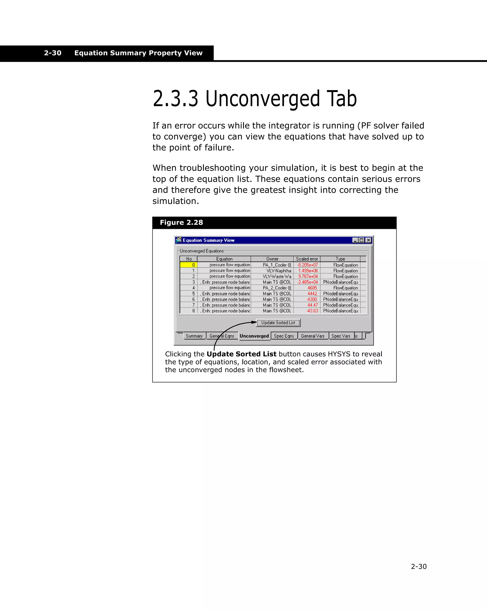 2-30

Equation Summary Property View

2.3.3 Unconverged Tab
If an error occurs while the integrator is running (PF solver failed
to converge) you can view the equations that have solved up to
the point of failure.
When troubleshooting your simulation, it is best to begin at the
top of the equation list. These equations contain serious errors
and therefore give the greatest insight into correcting the
simulation.
Figure 2.28

Clicking the Update Sorted List button causes HYSYS to reveal
the type of equations, location, and scaled error associated with
the unconverged nodes in the flowsheet.

2-30

 