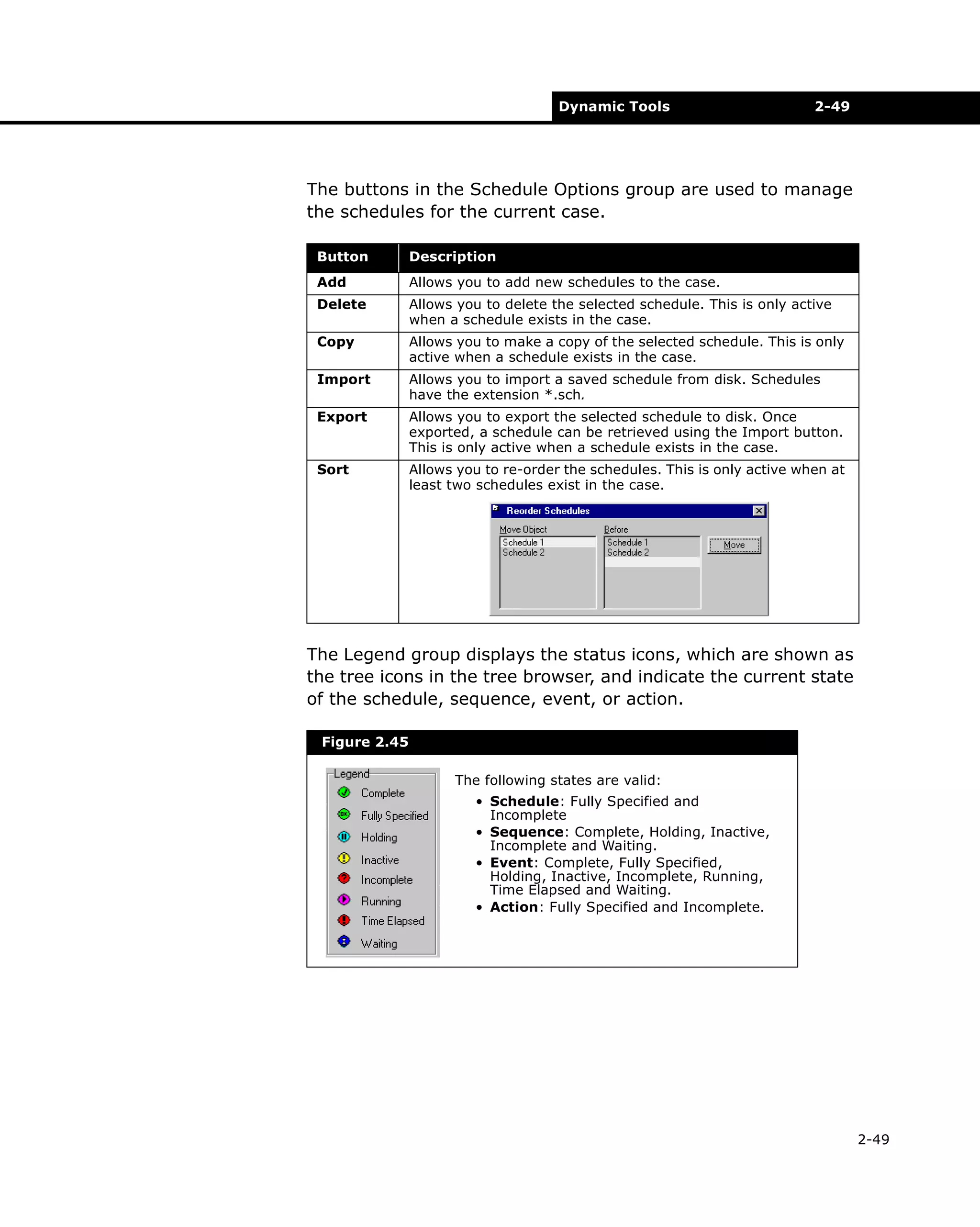 Dynamic Tools

2-49

The buttons in the Schedule Options group are used to manage
the schedules for the current case.
Button

Description

Add

Allows you to add new schedules to the case.

Delete

Allows you to delete the selected schedule. This is only active
when a schedule exists in the case.

Copy

Allows you to make a copy of the selected schedule. This is only
active when a schedule exists in the case.

Import

Allows you to import a saved schedule from disk. Schedules
have the extension *.sch.

Export

Allows you to export the selected schedule to disk. Once
exported, a schedule can be retrieved using the Import button.
This is only active when a schedule exists in the case.

Sort

Allows you to re-order the schedules. This is only active when at
least two schedules exist in the case.

The Legend group displays the status icons, which are shown as
the tree icons in the tree browser, and indicate the current state
of the schedule, sequence, event, or action.
Figure 2.45
The following states are valid:
• Schedule: Fully Specified and
Incomplete
• Sequence: Complete, Holding, Inactive,
Incomplete and Waiting.
• Event: Complete, Fully Specified,
Holding, Inactive, Incomplete, Running,
Time Elapsed and Waiting.
• Action: Fully Specified and Incomplete.

2-49

 