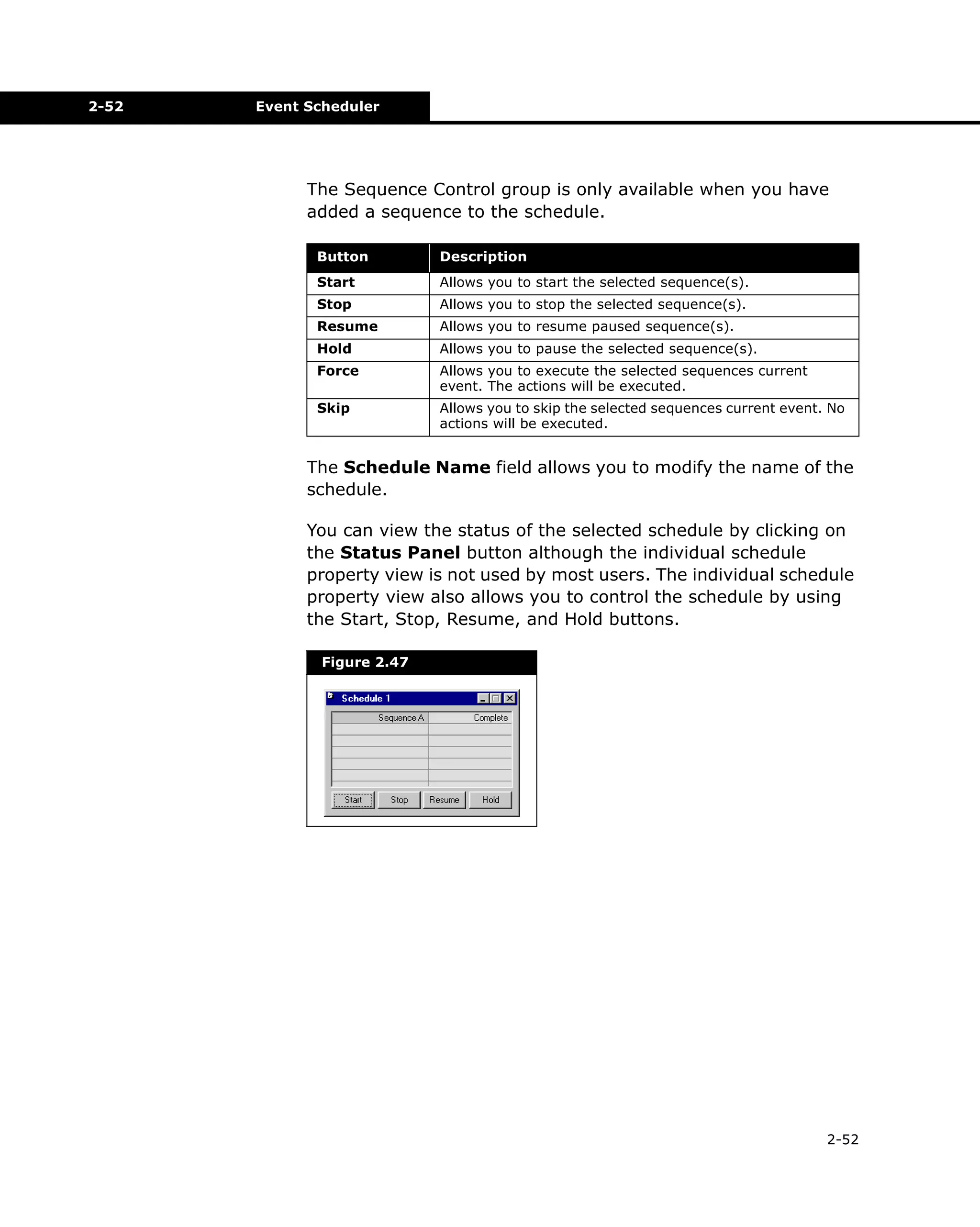 2-52

Event Scheduler

The Sequence Control group is only available when you have
added a sequence to the schedule.
Button

Description

Start

Allows you to start the selected sequence(s).

Stop

Allows you to stop the selected sequence(s).

Resume

Allows you to resume paused sequence(s).

Hold

Allows you to pause the selected sequence(s).

Force

Allows you to execute the selected sequences current
event. The actions will be executed.

Skip

Allows you to skip the selected sequences current event. No
actions will be executed.

The Schedule Name field allows you to modify the name of the
schedule.
You can view the status of the selected schedule by clicking on
the Status Panel button although the individual schedule
property view is not used by most users. The individual schedule
property view also allows you to control the schedule by using
the Start, Stop, Resume, and Hold buttons.
Figure 2.47

2-52

 