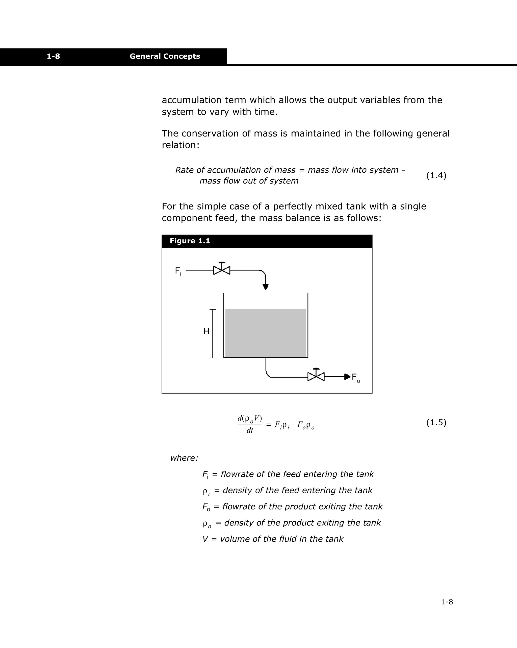 1-8

General Concepts

accumulation term which allows the output variables from the
system to vary with time.
The conservation of mass is maintained in the following general
relation:
Rate of accumulation of mass = mass flow into system mass flow out of system

(1.4)

For the simple case of a perfectly mixed tank with a single
component feed, the mass balance is as follows:
Figure 1.1

d( ρ o V )
----------------- = F i ρ i – Fo ρ o
dt

(1.5)

where:
Fi = flowrate of the feed entering the tank
ρ i = density of the feed entering the tank
Fo = flowrate of the product exiting the tank
ρ o = density of the product exiting the tank
V = volume of the fluid in the tank

1-8

 