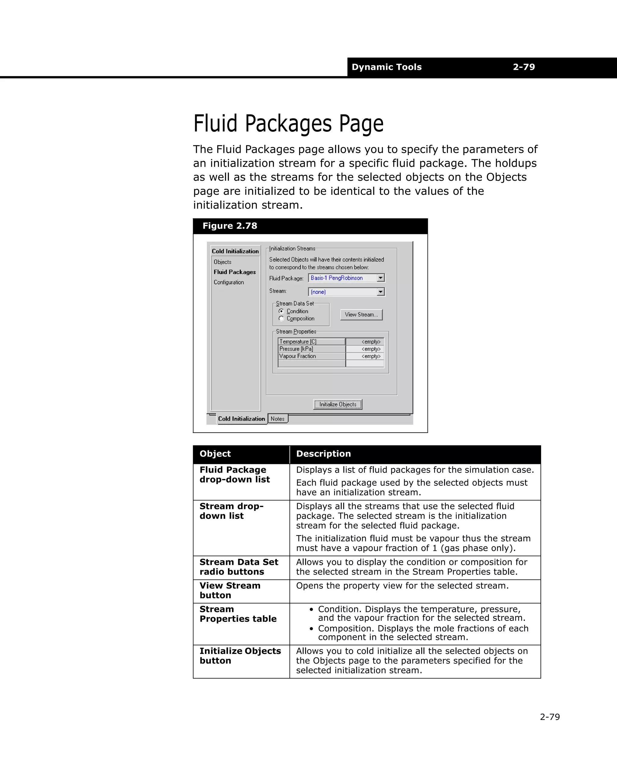 Dynamic Tools

2-79

Fluid Packages Page
The Fluid Packages page allows you to specify the parameters of
an initialization stream for a specific fluid package. The holdups
as well as the streams for the selected objects on the Objects
page are initialized to be identical to the values of the
initialization stream.
Figure 2.78

Object

Description

Fluid Package
drop-down list

Displays a list of fluid packages for the simulation case.

Stream dropdown list

Displays all the streams that use the selected fluid
package. The selected stream is the initialization
stream for the selected fluid package.

Each fluid package used by the selected objects must
have an initialization stream.

The initialization fluid must be vapour thus the stream
must have a vapour fraction of 1 (gas phase only).
Stream Data Set
radio buttons

Allows you to display the condition or composition for
the selected stream in the Stream Properties table.

View Stream
button

Opens the property view for the selected stream.

Stream
Properties table

Initialize Objects
button

• Condition. Displays the temperature, pressure,
and the vapour fraction for the selected stream.
• Composition. Displays the mole fractions of each
component in the selected stream.
Allows you to cold initialize all the selected objects on
the Objects page to the parameters specified for the
selected initialization stream.

2-79

 