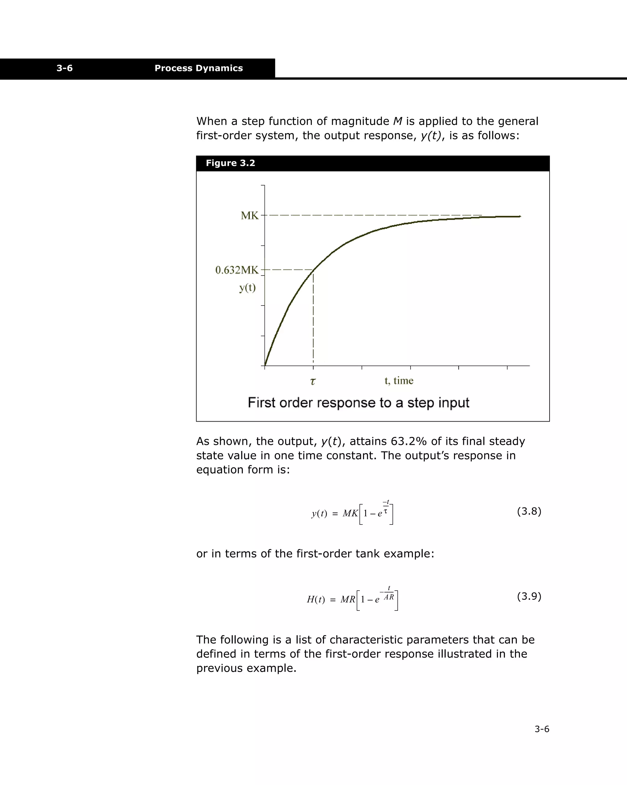 3-6

Process Dynamics

When a step function of magnitude M is applied to the general
first-order system, the output response, y(t), is as follows:
Figure 3.2

As shown, the output, y(t), attains 63.2% of its final steady
state value in one time constant. The output’s response in
equation form is:
–t
----

y ( t ) = MK 1 – e τ

(3.8)

or in terms of the first-order tank example:

H ( t ) = MR 1 – e

t– -----AR

(3.9)

The following is a list of characteristic parameters that can be
defined in terms of the first-order response illustrated in the
previous example.

3-6

 