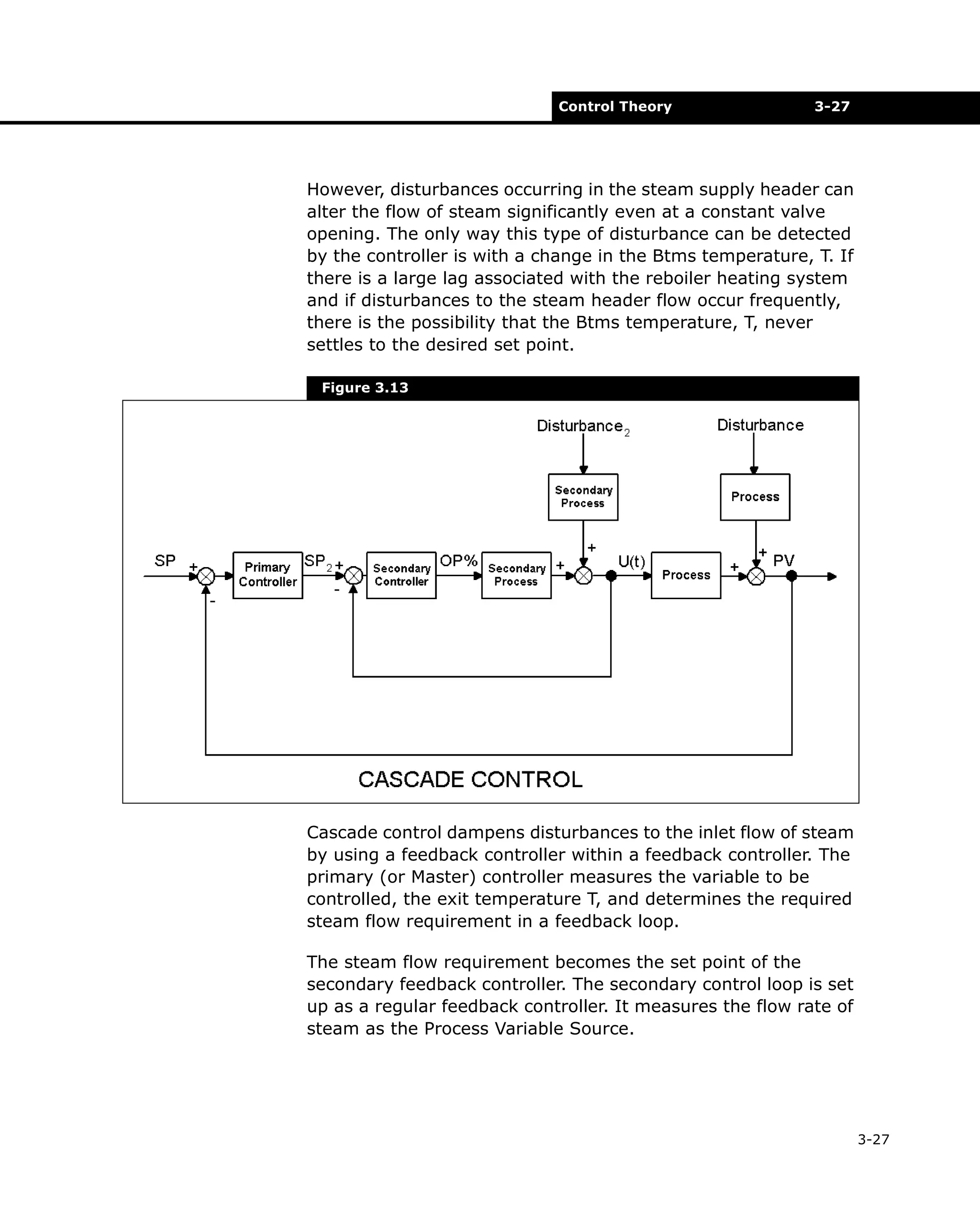 Control Theory

3-27

However, disturbances occurring in the steam supply header can
alter the flow of steam significantly even at a constant valve
opening. The only way this type of disturbance can be detected
by the controller is with a change in the Btms temperature, T. If
there is a large lag associated with the reboiler heating system
and if disturbances to the steam header flow occur frequently,
there is the possibility that the Btms temperature, T, never
settles to the desired set point.
Figure 3.13

Cascade control dampens disturbances to the inlet flow of steam
by using a feedback controller within a feedback controller. The
primary (or Master) controller measures the variable to be
controlled, the exit temperature T, and determines the required
steam flow requirement in a feedback loop.
The steam flow requirement becomes the set point of the
secondary feedback controller. The secondary control loop is set
up as a regular feedback controller. It measures the flow rate of
steam as the Process Variable Source.

3-27

 