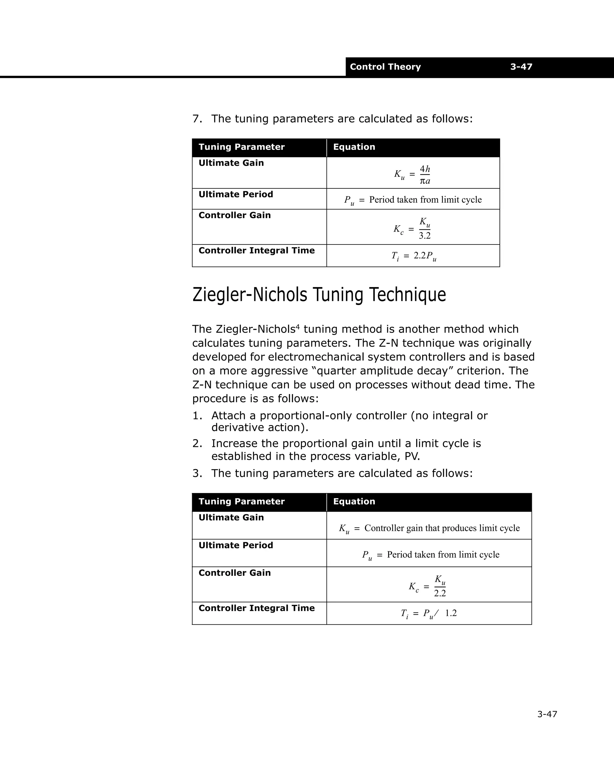 Control Theory

3-47

7. The tuning parameters are calculated as follows:
Tuning Parameter

Equation

Ultimate Gain
Ultimate Period

4h
Ku = ----πa
P u = Period taken from limit cycle

Controller Gain

Ku
K c = -----3.2

Controller Integral Time

T i = 2.2P u

Ziegler-Nichols Tuning Technique
The Ziegler-Nichols4 tuning method is another method which
calculates tuning parameters. The Z-N technique was originally
developed for electromechanical system controllers and is based
on a more aggressive “quarter amplitude decay” criterion. The
Z-N technique can be used on processes without dead time. The
procedure is as follows:
1. Attach a proportional-only controller (no integral or
derivative action).
2. Increase the proportional gain until a limit cycle is
established in the process variable, PV.
3. The tuning parameters are calculated as follows:
Tuning Parameter

Equation

Ultimate Gain

Ku = Controller gain that produces limit cycle
Ultimate Period
Controller Gain

Controller Integral Time

Pu = Period taken from limit cycle
Ku
K c = -----2.2
T i = Pu ⁄ 1.2

3-47

 