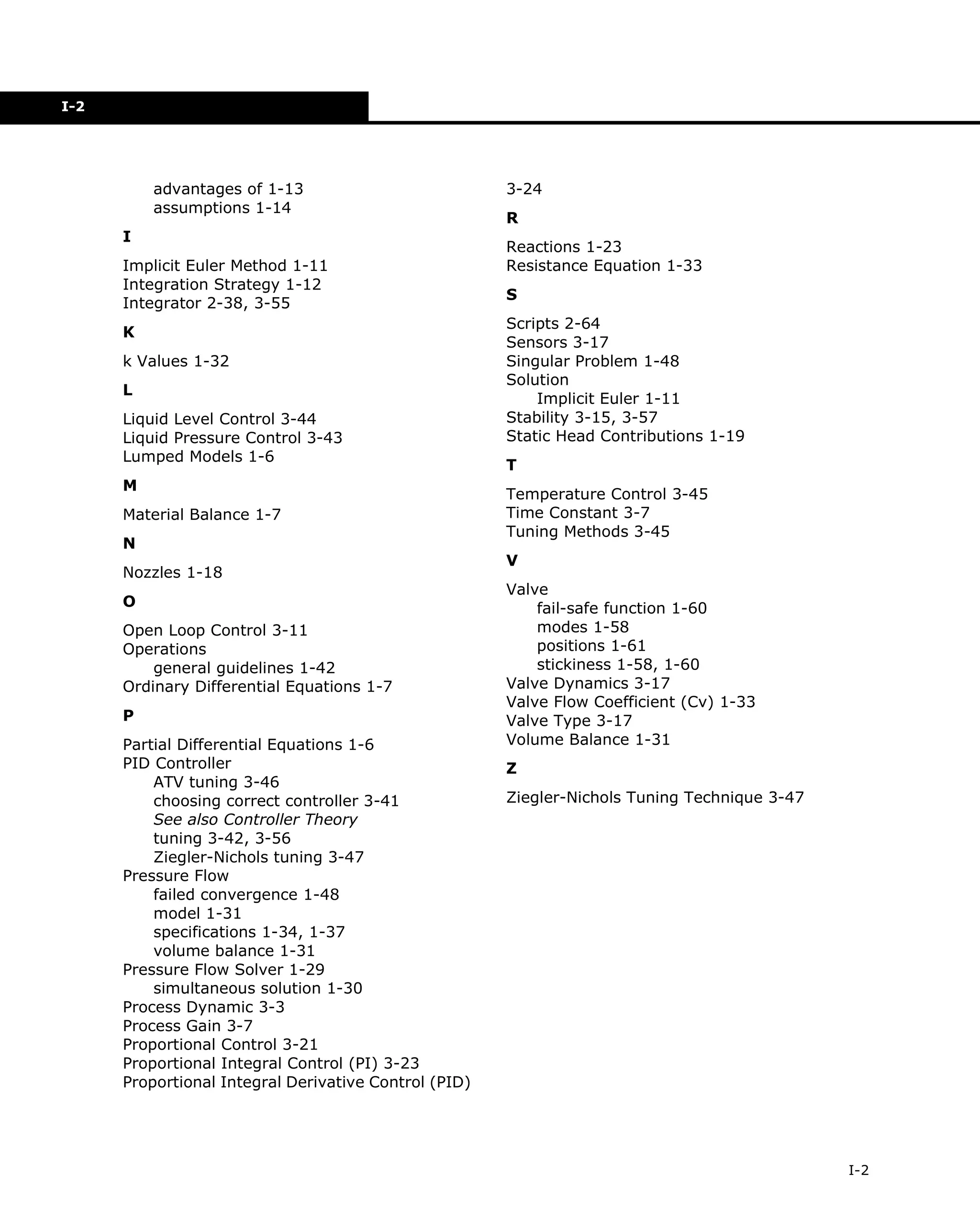 I-2

advantages of 1-13
assumptions 1-14
I
Implicit Euler Method 1-11
Integration Strategy 1-12
Integrator 2-38, 3-55
K
k Values 1-32
L
Liquid Level Control 3-44
Liquid Pressure Control 3-43
Lumped Models 1-6
M
Material Balance 1-7
N
Nozzles 1-18
O
Open Loop Control 3-11
Operations
general guidelines 1-42
Ordinary Differential Equations 1-7
P
Partial Differential Equations 1-6
PID Controller
ATV tuning 3-46
choosing correct controller 3-41
See also Controller Theory
tuning 3-42, 3-56
Ziegler-Nichols tuning 3-47
Pressure Flow
failed convergence 1-48
model 1-31
specifications 1-34, 1-37
volume balance 1-31
Pressure Flow Solver 1-29
simultaneous solution 1-30
Process Dynamic 3-3
Process Gain 3-7
Proportional Control 3-21
Proportional Integral Control (PI) 3-23
Proportional Integral Derivative Control (PID)

3-24
R
Reactions 1-23
Resistance Equation 1-33
S
Scripts 2-64
Sensors 3-17
Singular Problem 1-48
Solution
Implicit Euler 1-11
Stability 3-15, 3-57
Static Head Contributions 1-19
T
Temperature Control 3-45
Time Constant 3-7
Tuning Methods 3-45
V
Valve
fail-safe function 1-60
modes 1-58
positions 1-61
stickiness 1-58, 1-60
Valve Dynamics 3-17
Valve Flow Coefficient (Cv) 1-33
Valve Type 3-17
Volume Balance 1-31
Z
Ziegler-Nichols Tuning Technique 3-47

I-2

 
