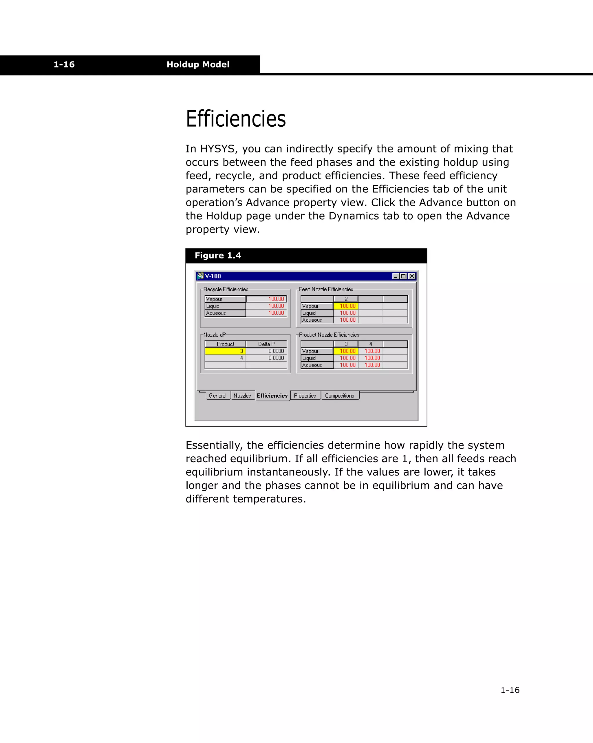 1-16

Holdup Model

Efficiencies
In HYSYS, you can indirectly specify the amount of mixing that
occurs between the feed phases and the existing holdup using
feed, recycle, and product efficiencies. These feed efficiency
parameters can be specified on the Efficiencies tab of the unit
operation’s Advance property view. Click the Advance button on
the Holdup page under the Dynamics tab to open the Advance
property view.
Figure 1.4

Essentially, the efficiencies determine how rapidly the system
reached equilibrium. If all efficiencies are 1, then all feeds reach
equilibrium instantaneously. If the values are lower, it takes
longer and the phases cannot be in equilibrium and can have
different temperatures.

1-16

 