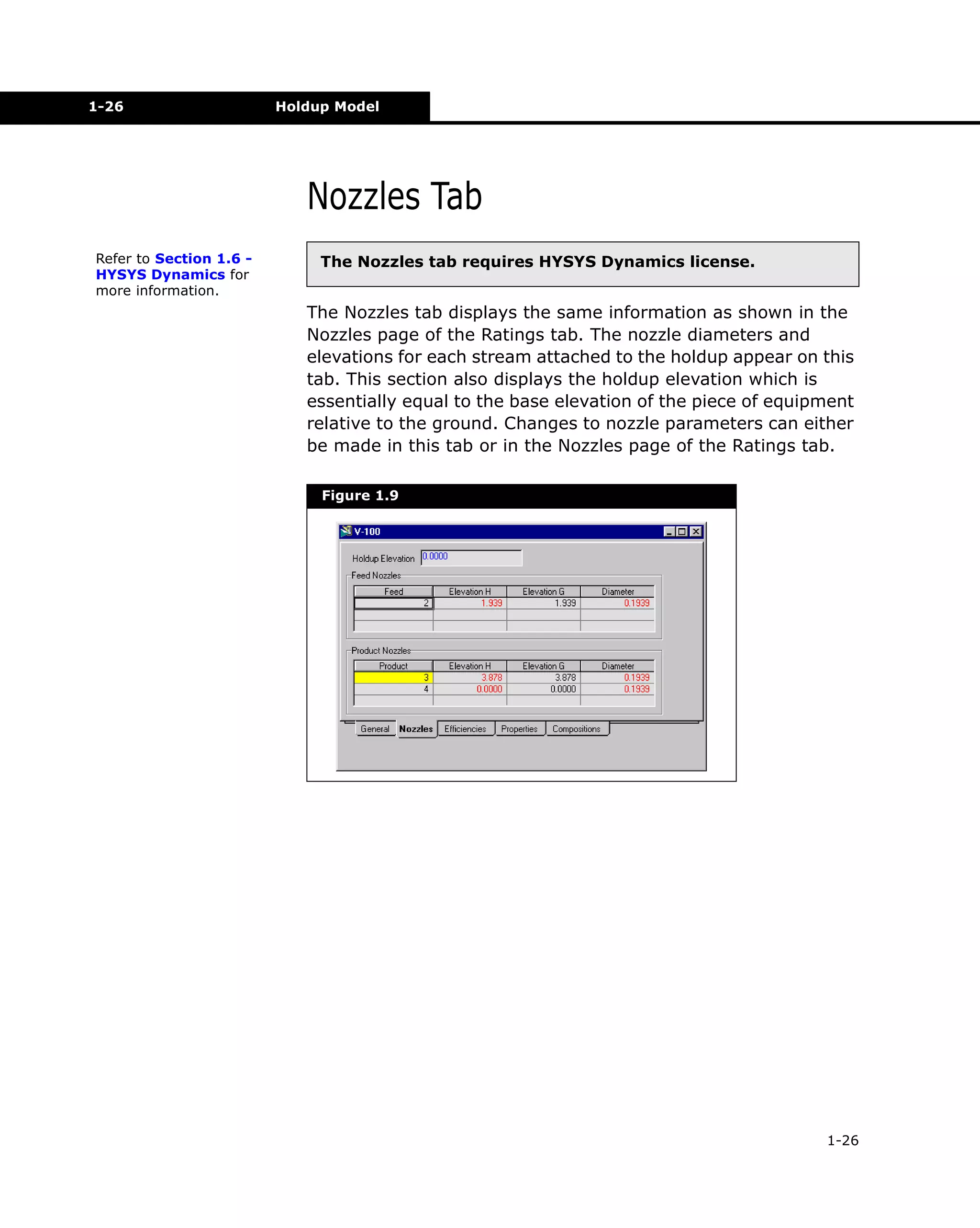 1-26

Holdup Model

Nozzles Tab
Refer to Section 1.6 HYSYS Dynamics for
more information.

The Nozzles tab requires HYSYS Dynamics license.

The Nozzles tab displays the same information as shown in the
Nozzles page of the Ratings tab. The nozzle diameters and
elevations for each stream attached to the holdup appear on this
tab. This section also displays the holdup elevation which is
essentially equal to the base elevation of the piece of equipment
relative to the ground. Changes to nozzle parameters can either
be made in this tab or in the Nozzles page of the Ratings tab.
Figure 1.9

1-26

 