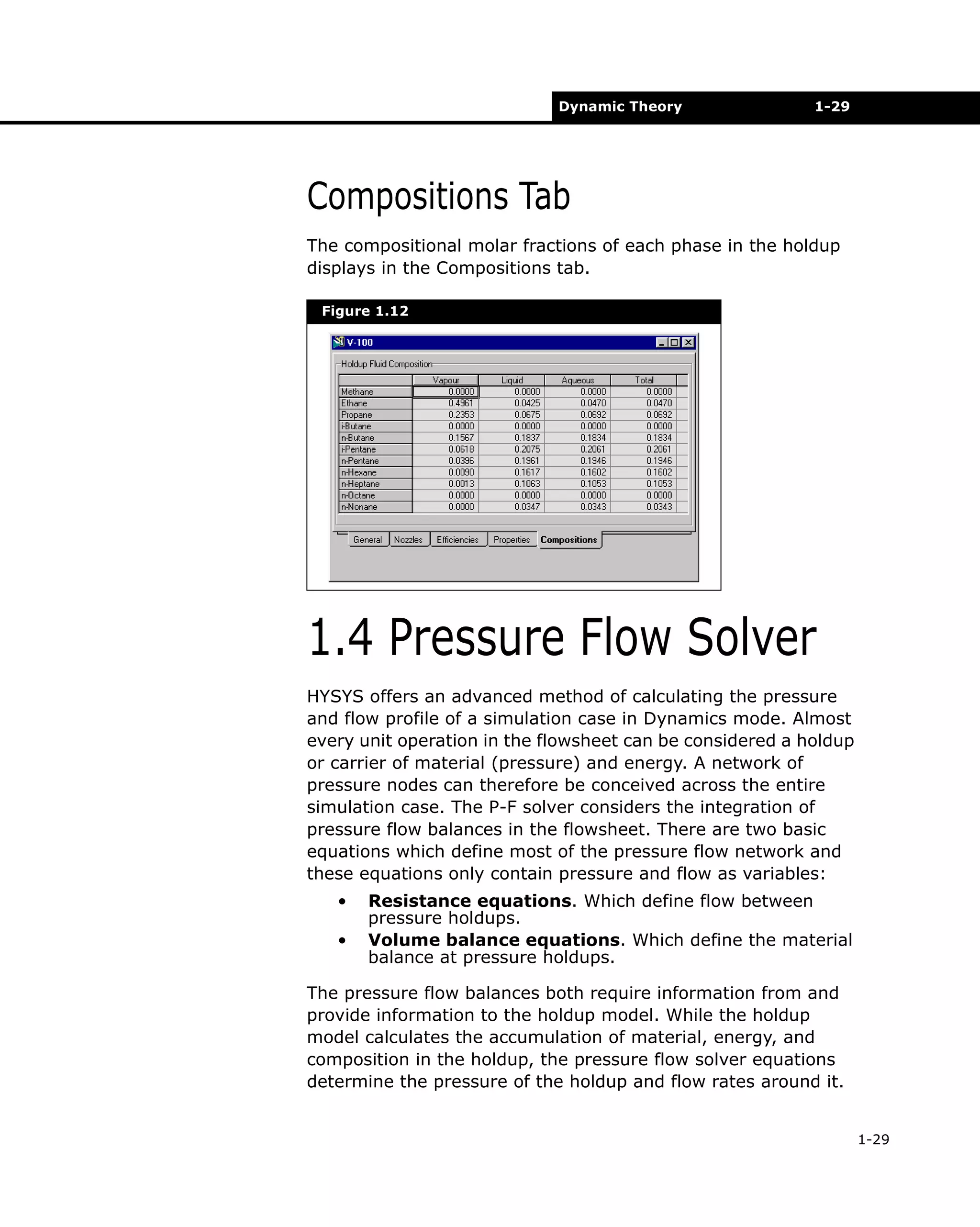 Dynamic Theory

1-29

Compositions Tab
The compositional molar fractions of each phase in the holdup
displays in the Compositions tab.
Figure 1.12

1.4 Pressure Flow Solver
HYSYS offers an advanced method of calculating the pressure
and flow profile of a simulation case in Dynamics mode. Almost
every unit operation in the flowsheet can be considered a holdup
or carrier of material (pressure) and energy. A network of
pressure nodes can therefore be conceived across the entire
simulation case. The P-F solver considers the integration of
pressure flow balances in the flowsheet. There are two basic
equations which define most of the pressure flow network and
these equations only contain pressure and flow as variables:
•
•

Resistance equations. Which define flow between
pressure holdups.
Volume balance equations. Which define the material
balance at pressure holdups.

The pressure flow balances both require information from and
provide information to the holdup model. While the holdup
model calculates the accumulation of material, energy, and
composition in the holdup, the pressure flow solver equations
determine the pressure of the holdup and flow rates around it.
1-29

 