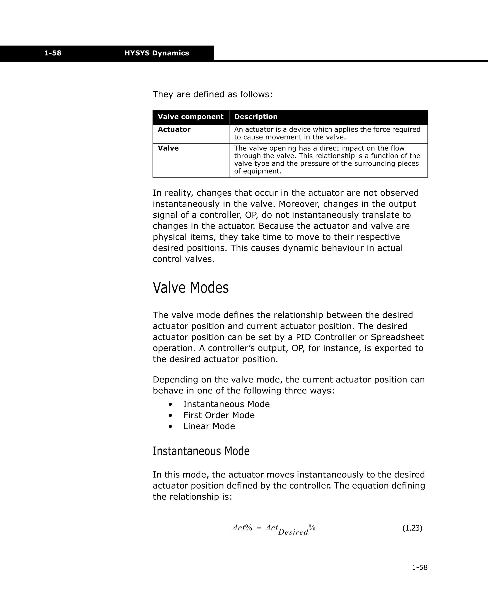 1-58

HYSYS Dynamics

They are defined as follows:
Valve component

Description

Actuator

An actuator is a device which applies the force required
to cause movement in the valve.

Valve

The valve opening has a direct impact on the flow
through the valve. This relationship is a function of the
valve type and the pressure of the surrounding pieces
of equipment.

In reality, changes that occur in the actuator are not observed
instantaneously in the valve. Moreover, changes in the output
signal of a controller, OP, do not instantaneously translate to
changes in the actuator. Because the actuator and valve are
physical items, they take time to move to their respective
desired positions. This causes dynamic behaviour in actual
control valves.

Valve Modes
The valve mode defines the relationship between the desired
actuator position and current actuator position. The desired
actuator position can be set by a PID Controller or Spreadsheet
operation. A controller’s output, OP, for instance, is exported to
the desired actuator position.
Depending on the valve mode, the current actuator position can
behave in one of the following three ways:
•
•
•

Instantaneous Mode
First Order Mode
Linear Mode

Instantaneous Mode
In this mode, the actuator moves instantaneously to the desired
actuator position defined by the controller. The equation defining
the relationship is:

Act% = Act

Desired

%

(1.23)

1-58

 