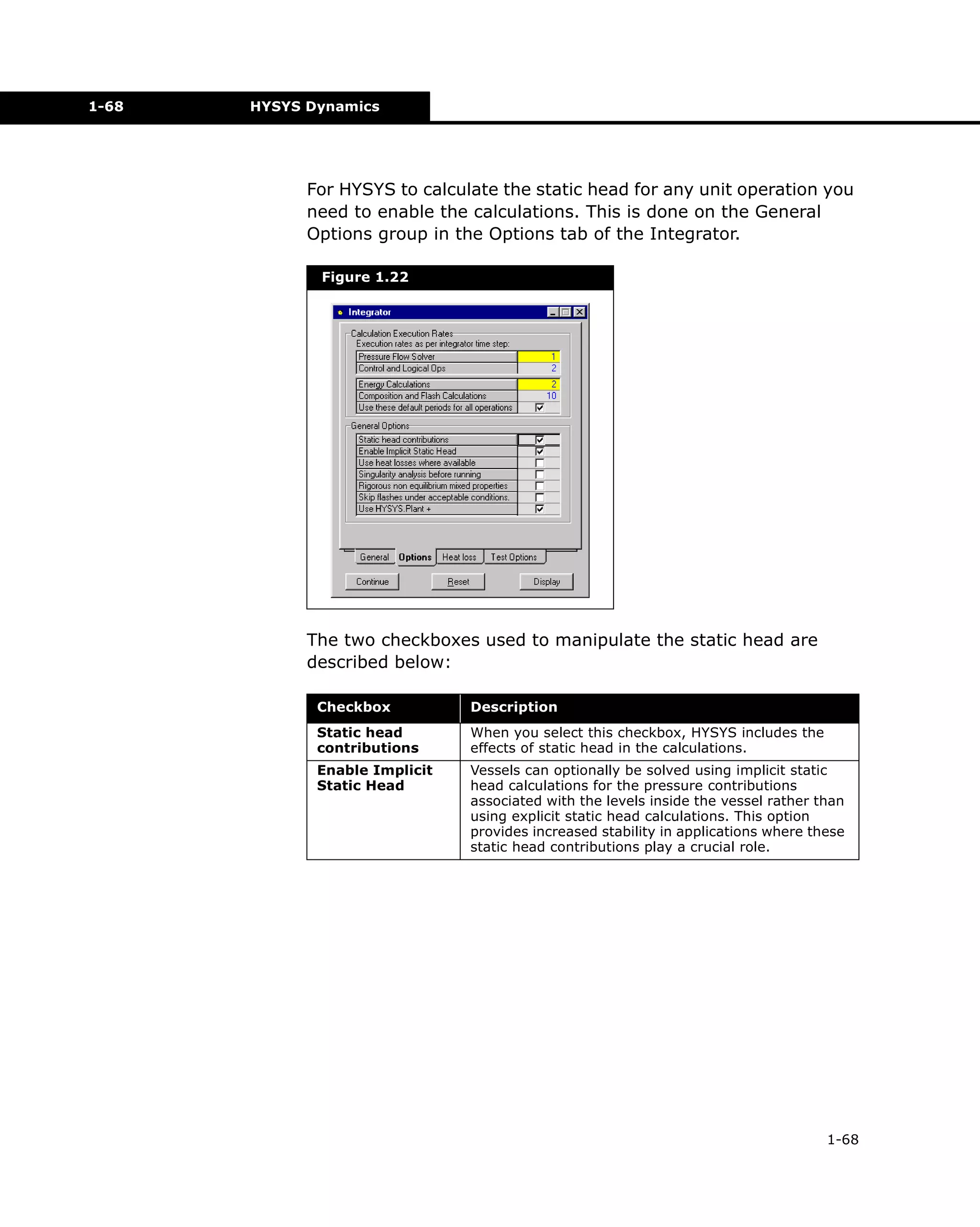 1-68

HYSYS Dynamics

For HYSYS to calculate the static head for any unit operation you
need to enable the calculations. This is done on the General
Options group in the Options tab of the Integrator.
Figure 1.22

The two checkboxes used to manipulate the static head are
described below:
Checkbox

Description

Static head
contributions

When you select this checkbox, HYSYS includes the
effects of static head in the calculations.

Enable Implicit
Static Head

Vessels can optionally be solved using implicit static
head calculations for the pressure contributions
associated with the levels inside the vessel rather than
using explicit static head calculations. This option
provides increased stability in applications where these
static head contributions play a crucial role.

1-68

 