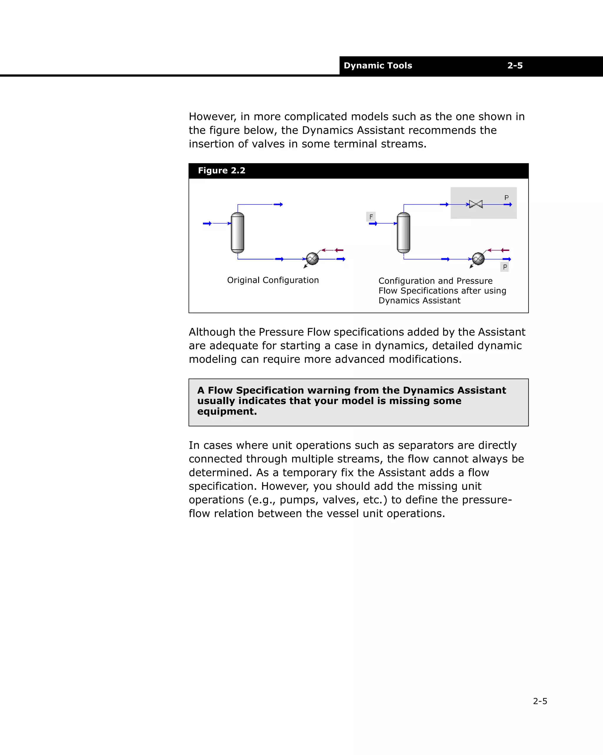 Dynamic Tools

2-5

However, in more complicated models such as the one shown in
the figure below, the Dynamics Assistant recommends the
insertion of valves in some terminal streams.
Figure 2.2

Original Configuration

Configuration and Pressure
Flow Specifications after using
Dynamics Assistant

Although the Pressure Flow specifications added by the Assistant
are adequate for starting a case in dynamics, detailed dynamic
modeling can require more advanced modifications.
A Flow Specification warning from the Dynamics Assistant
usually indicates that your model is missing some
equipment.

In cases where unit operations such as separators are directly
connected through multiple streams, the flow cannot always be
determined. As a temporary fix the Assistant adds a flow
specification. However, you should add the missing unit
operations (e.g., pumps, valves, etc.) to define the pressureflow relation between the vessel unit operations.

2-5

 