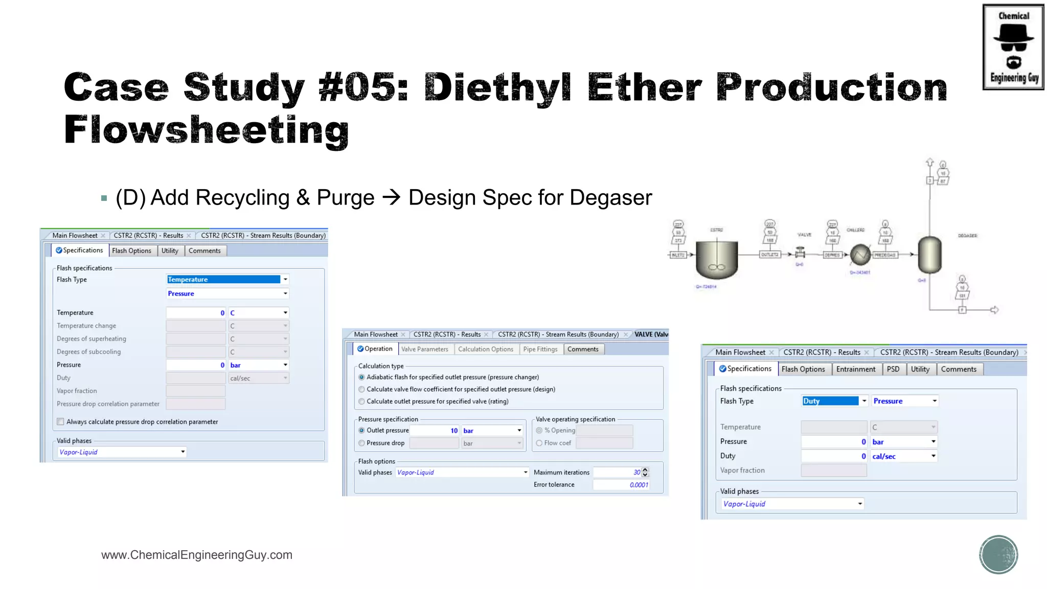  (D) Add Recycling & Purge  Design Spec for Degaser
www.ChemicalEngineeringGuy.com
 