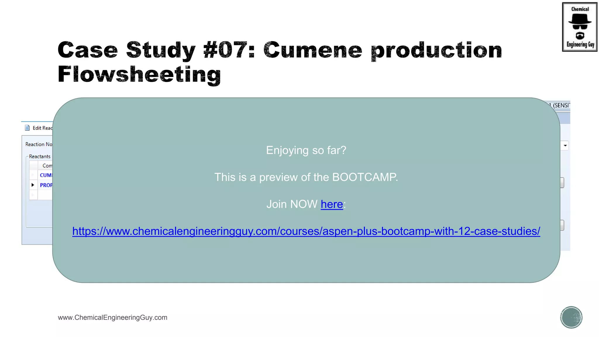 www.ChemicalEngineeringGuy.com https://www.youtube.com/watch?v=yWbfzw04SvI
Enjoying so far?
This is a preview of the BOOTCAMP.
Join NOW here:
https://www.chemicalengineeringguy.com/courses/aspen-plus-bootcamp-with-12-case-studies/
 