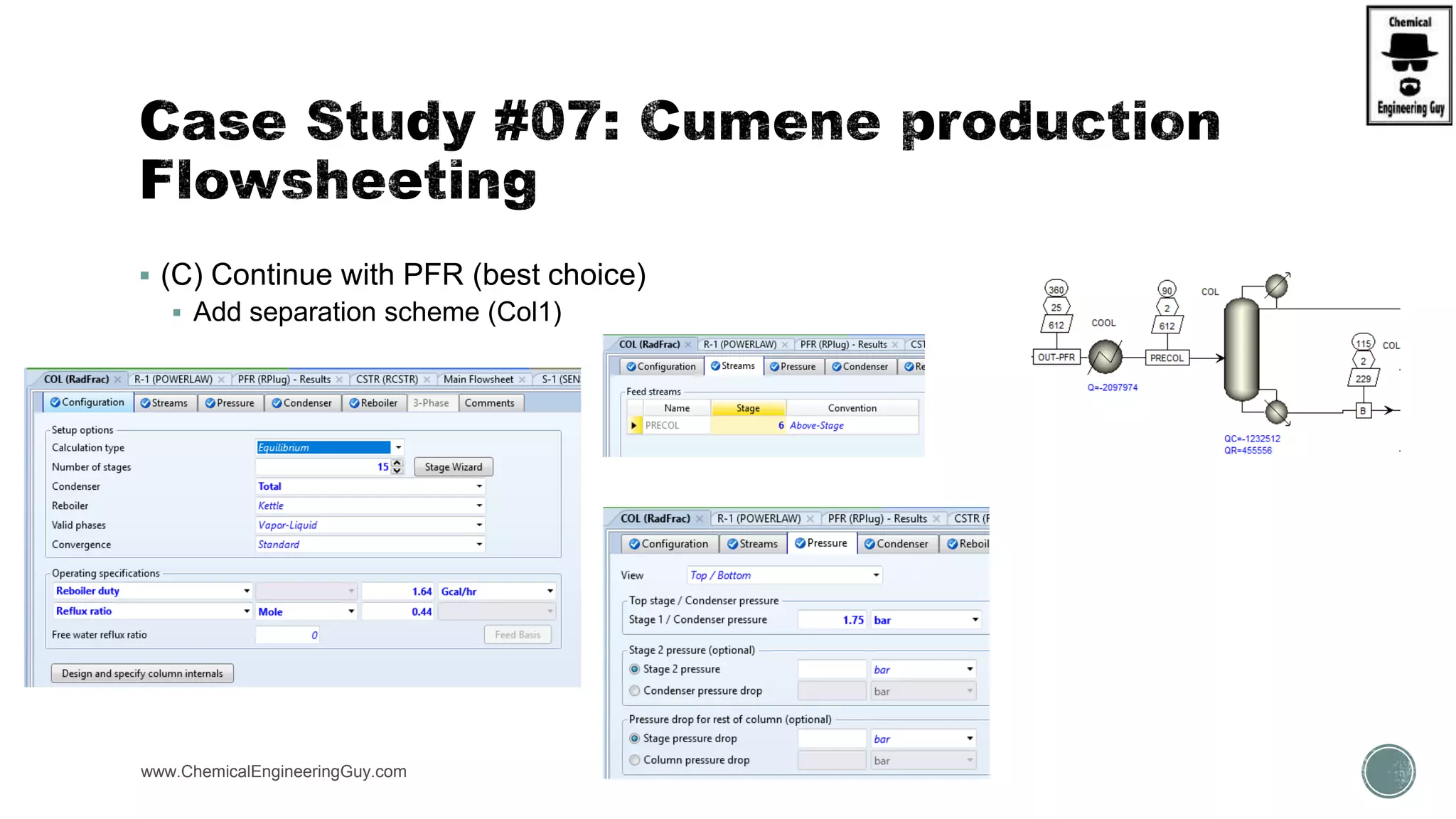  (C) Continue with PFR (best choice)
 Add separation scheme (Col1)
www.ChemicalEngineeringGuy.com https://www.youtube.com/watch?v=yWbfzw04SvI
 
