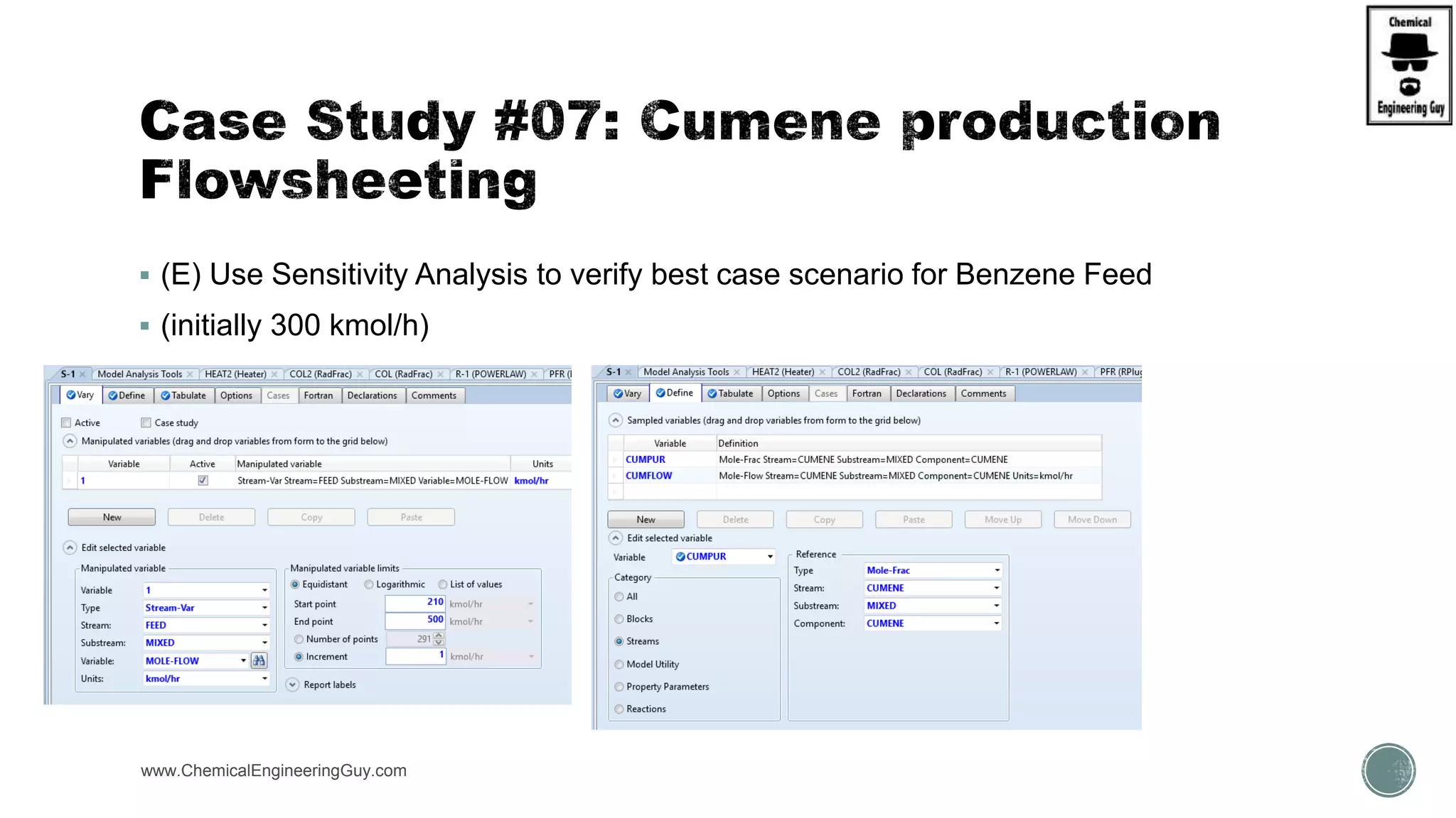  (E) Use Sensitivity Analysis to verify best case scenario for Benzene Feed
 (initially 300 kmol/h)
www.ChemicalEngineeringGuy.com https://www.youtube.com/watch?v=yWbfzw04SvI
 