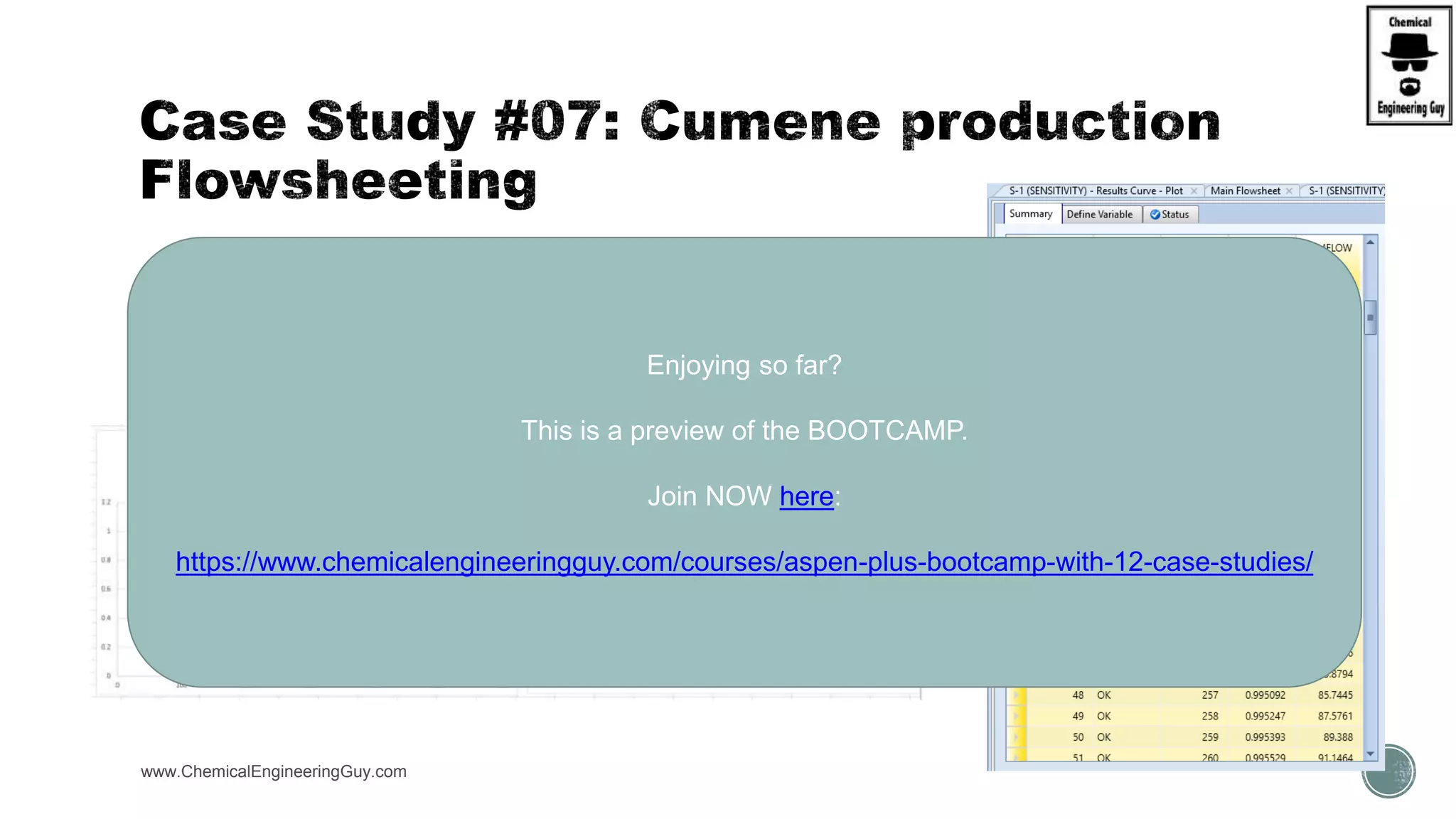  (E) Use Sensitivity Analysis to verify best case
scenario for Benzene Feed
 (initially 300 kmol/h)
www.ChemicalEngineeringGuy.com https://www.youtube.com/watch?v=yWbfzw04SvI
OK 261 0.995656 92.87585
OK 262 0.995772 94.59557
OK 263 0.990626 94.95583
Enjoying so far?
This is a preview of the BOOTCAMP.
Join NOW here:
https://www.chemicalengineeringguy.com/courses/aspen-plus-bootcamp-with-12-case-studies/
 