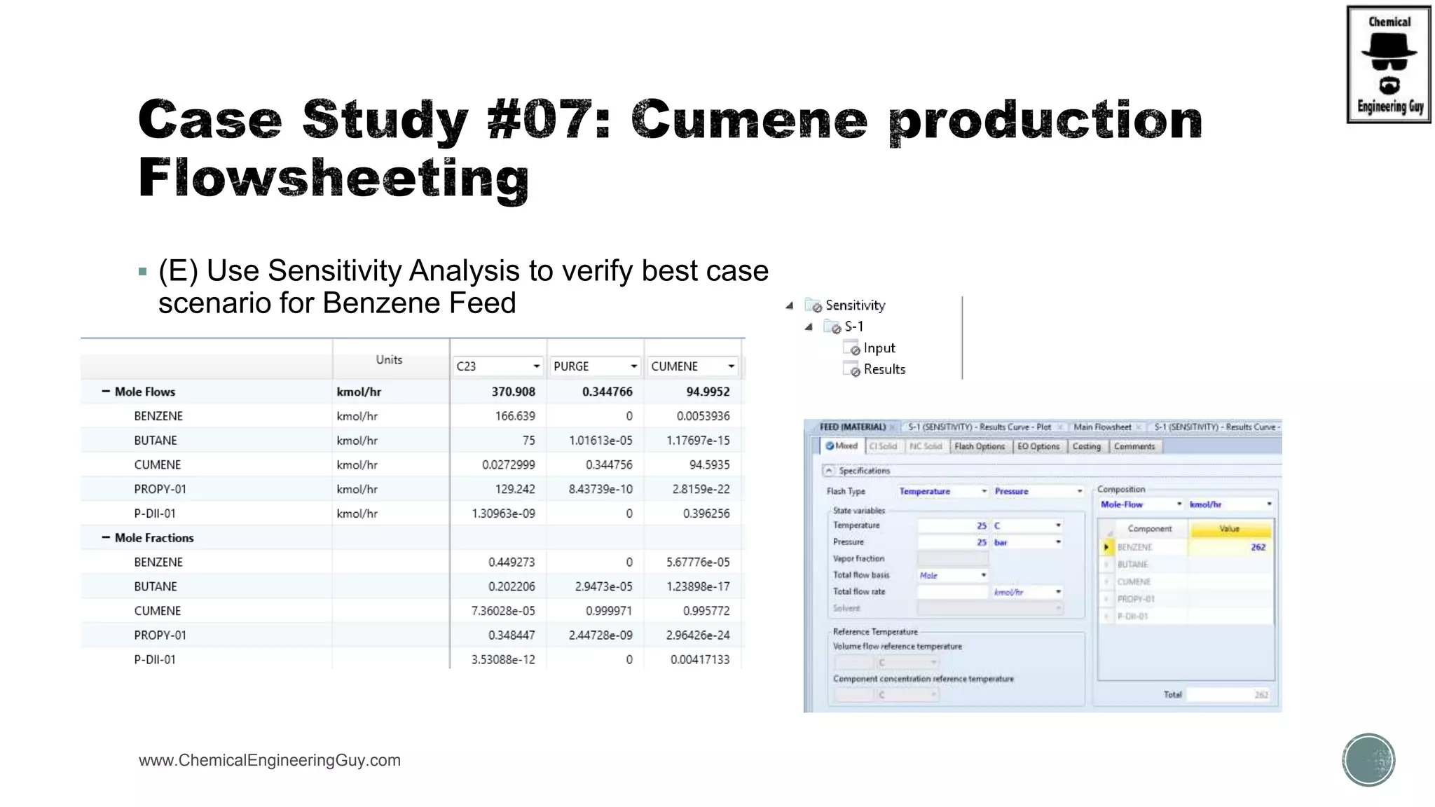  (E) Use Sensitivity Analysis to verify best case
scenario for Benzene Feed
www.ChemicalEngineeringGuy.com https://www.youtube.com/watch?v=yWbfzw04SvI
 