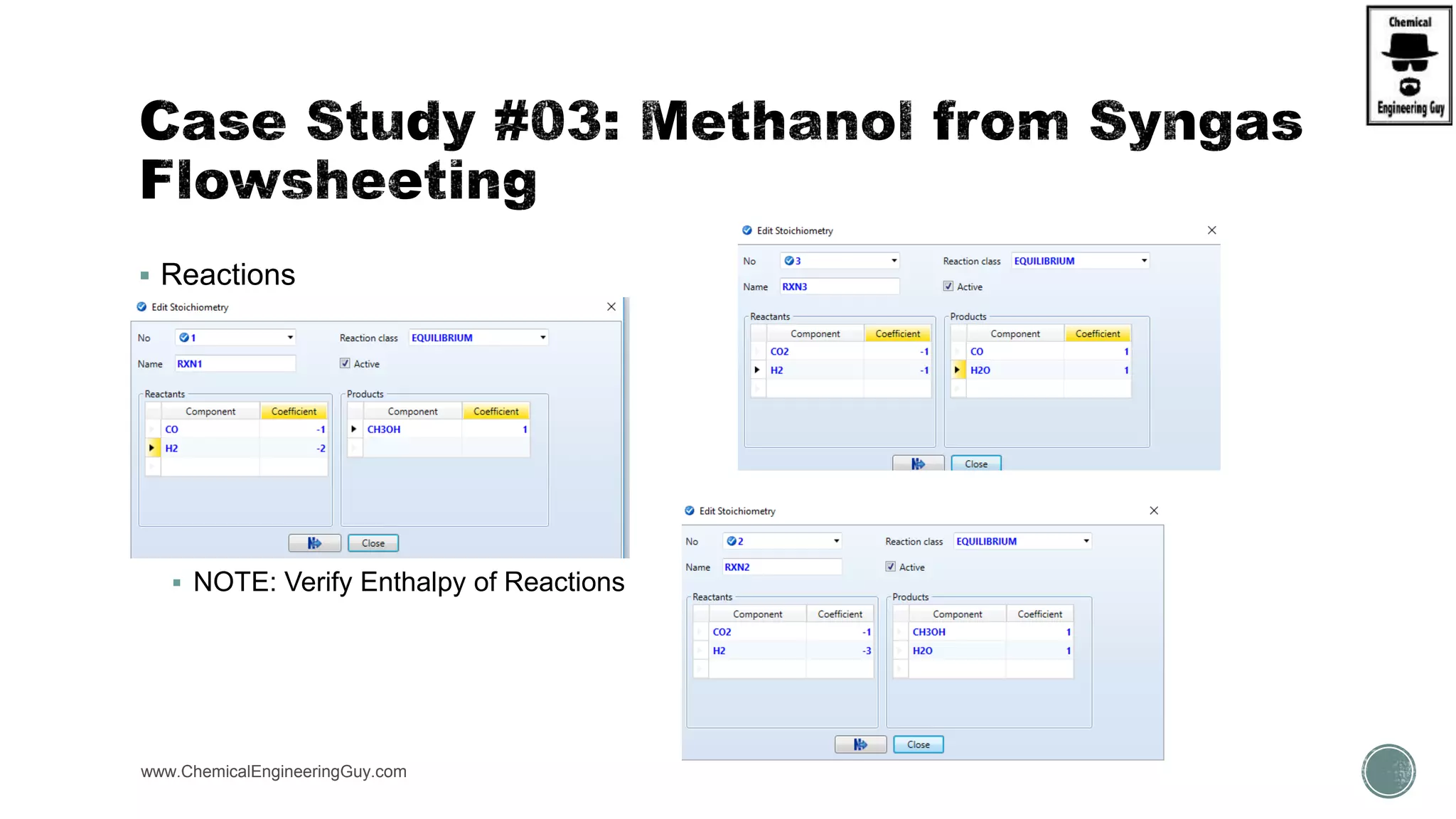 Reactions
 RXN – LHHW / Equilibium
 NOTE: Verify Enthalpy of Reactions
www.ChemicalEngineeringGuy.com
 