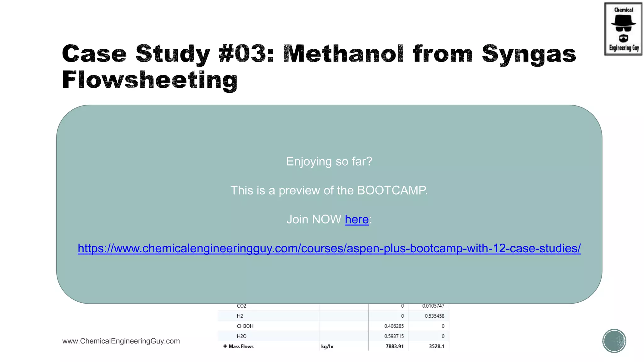 www.ChemicalEngineeringGuy.com
Enjoying so far?
This is a preview of the BOOTCAMP.
Join NOW here:
https://www.chemicalengineeringguy.com/courses/aspen-plus-bootcamp-with-12-case-studies/
 