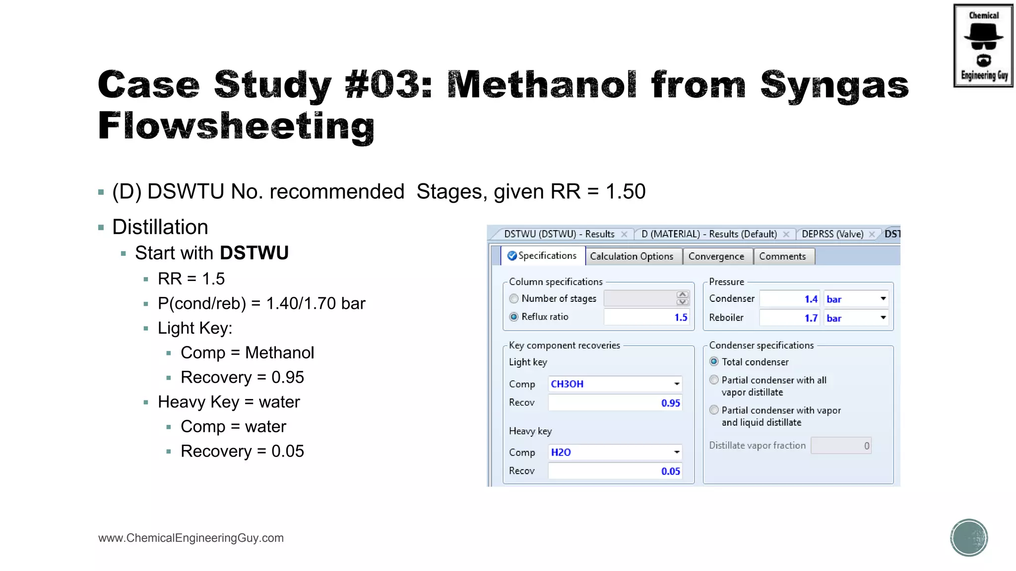  (D) DSWTU No. recommended Stages, given RR = 1.50
 Distillation
 Start with DSTWU
 RR = 1.5
 P(cond/reb) = 1.40/1.70 bar
 Light Key:
 Comp = Methanol
 Recovery = 0.95
 Heavy Key = water
 Comp = water
 Recovery = 0.05
www.ChemicalEngineeringGuy.com
 