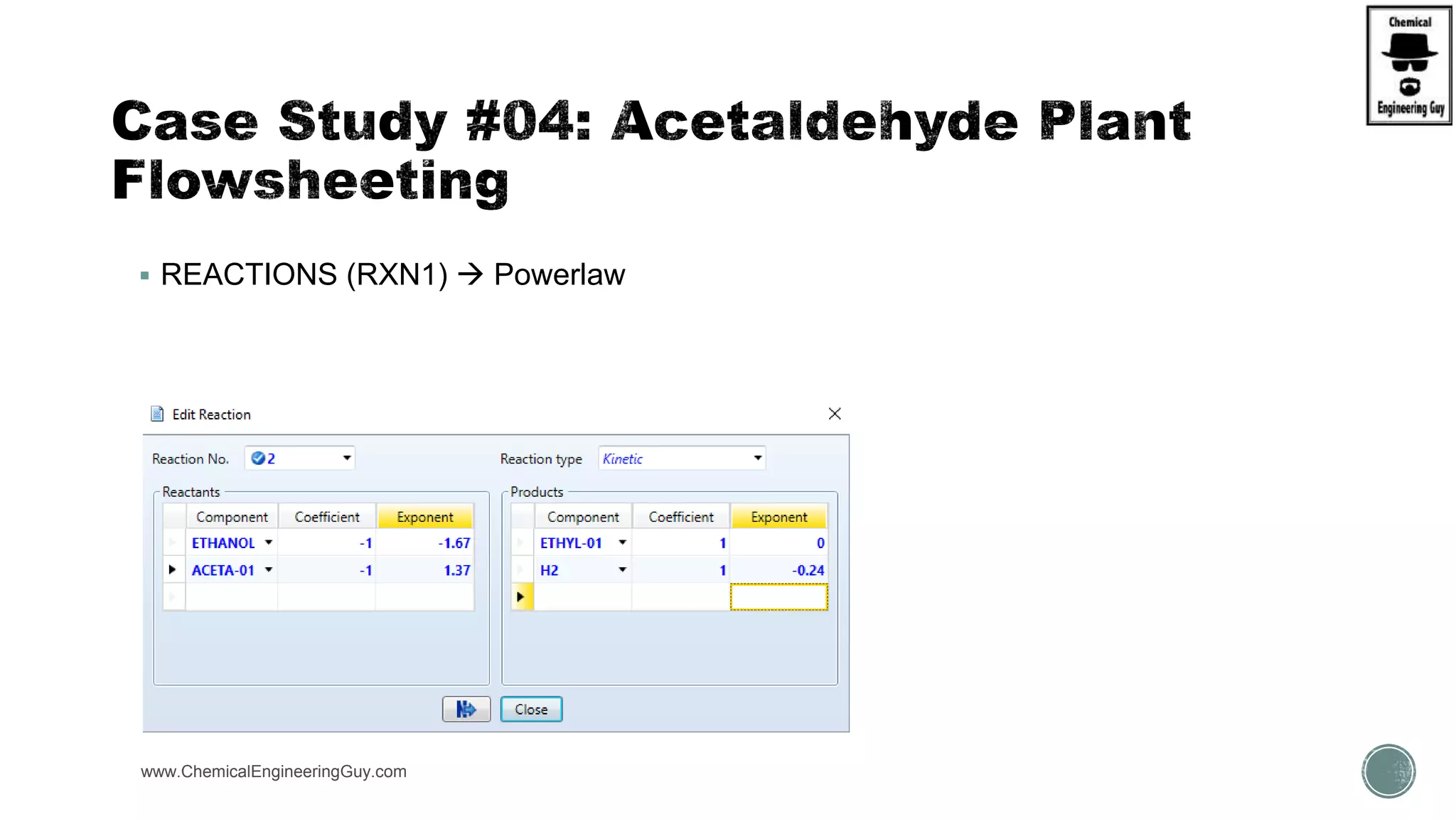  REACTIONS (RXN1)  Powerlaw
www.ChemicalEngineeringGuy.com https://www.youtube.com/watch?v=e2MZfVColH8
 
