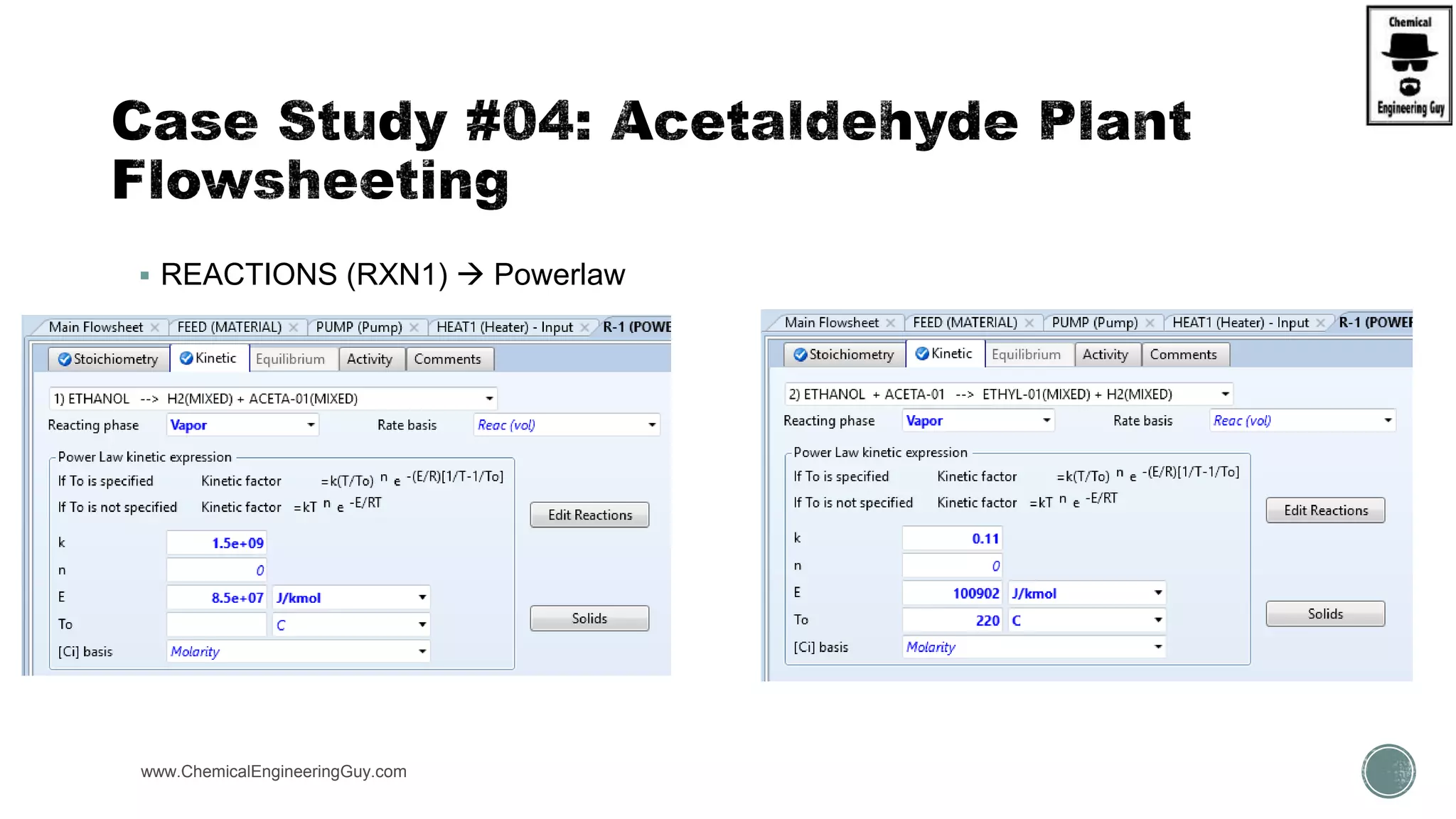  REACTIONS (RXN1)  Powerlaw
www.ChemicalEngineeringGuy.com https://www.youtube.com/watch?v=e2MZfVColH8
 