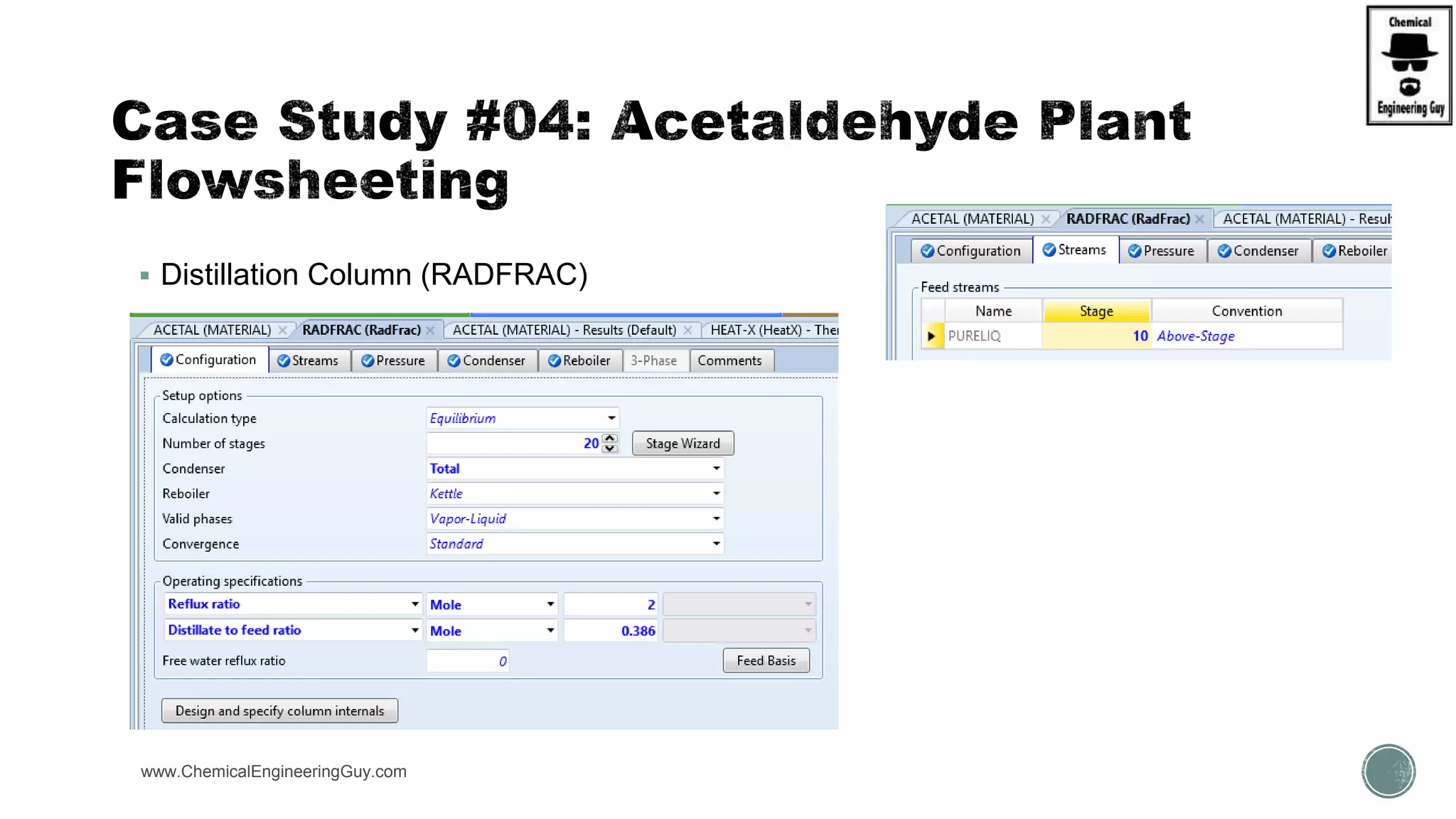  Distillation Column (RADFRAC)
www.ChemicalEngineeringGuy.com https://www.youtube.com/watch?v=e2MZfVColH8
 