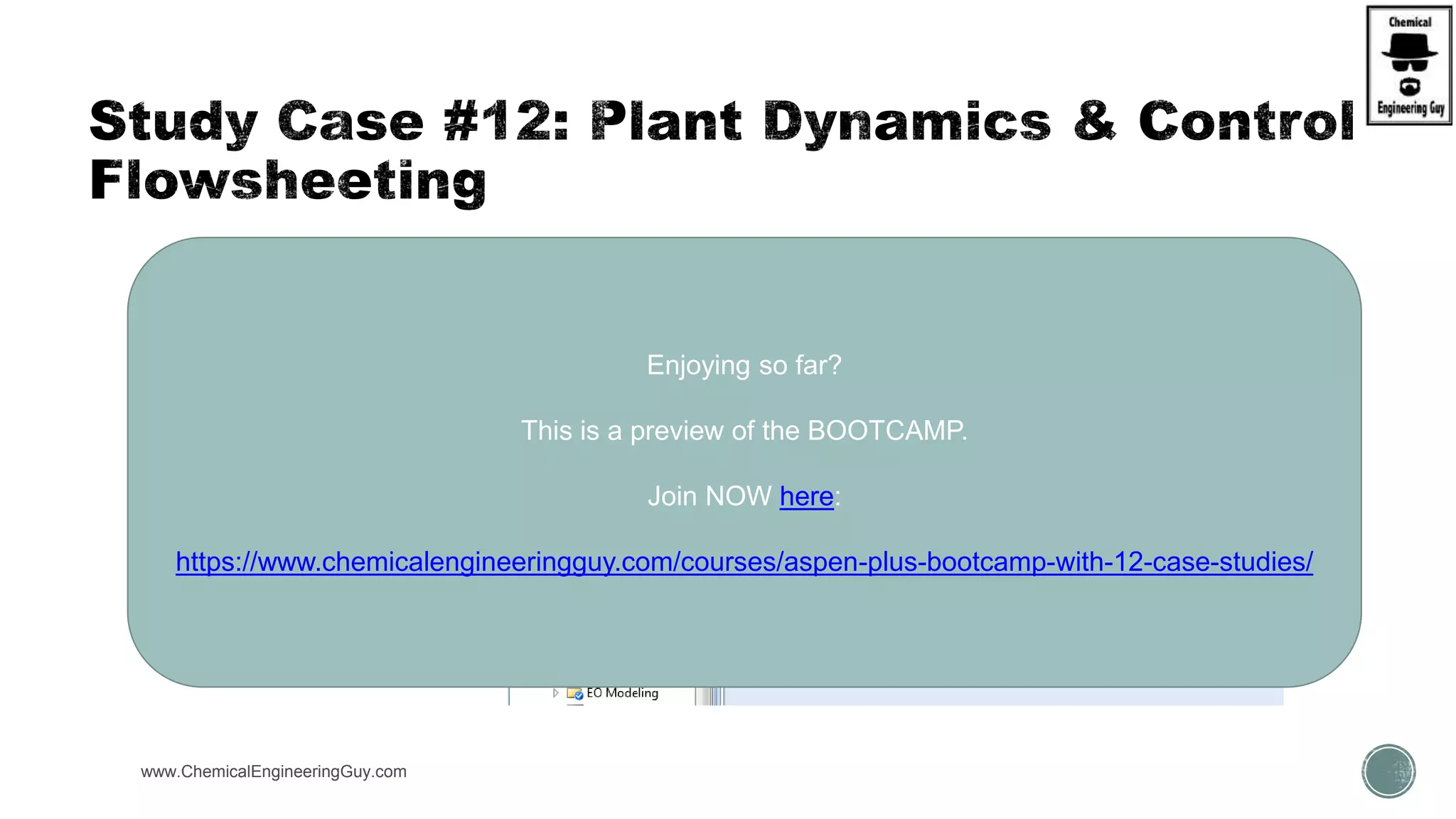 www.ChemicalEngineeringGuy.com
 Go dynamics…
Enjoying so far?
This is a preview of the BOOTCAMP.
Join NOW here:
https://www.chemicalengineeringguy.com/courses/aspen-plus-bootcamp-with-12-case-studies/
 