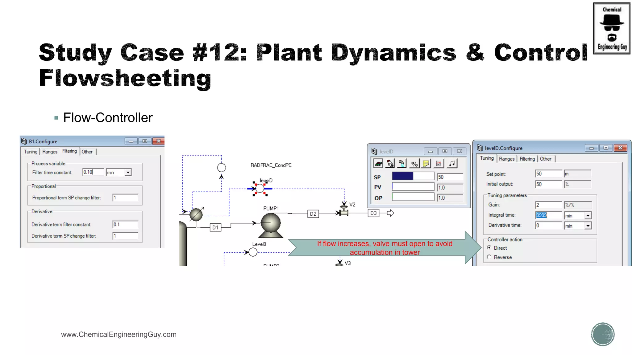 www.ChemicalEngineeringGuy.com
 Flow-Controller
If flow increases, valve must open to avoid
accumulation in tower
 