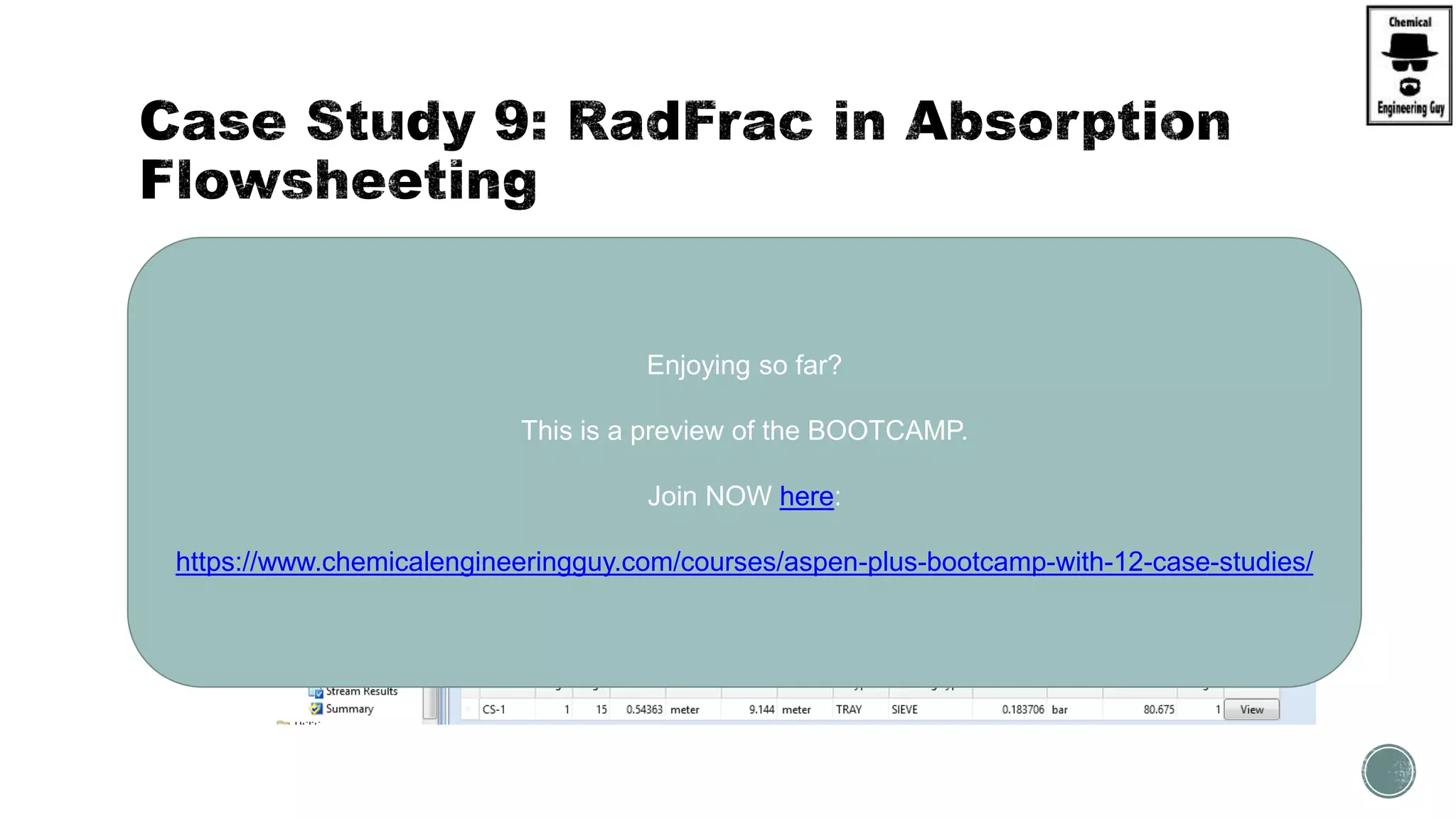  RUN an get:
Enjoying so far?
This is a preview of the BOOTCAMP.
Join NOW here:
https://www.chemicalengineeringguy.com/courses/aspen-plus-bootcamp-with-12-case-studies/
 