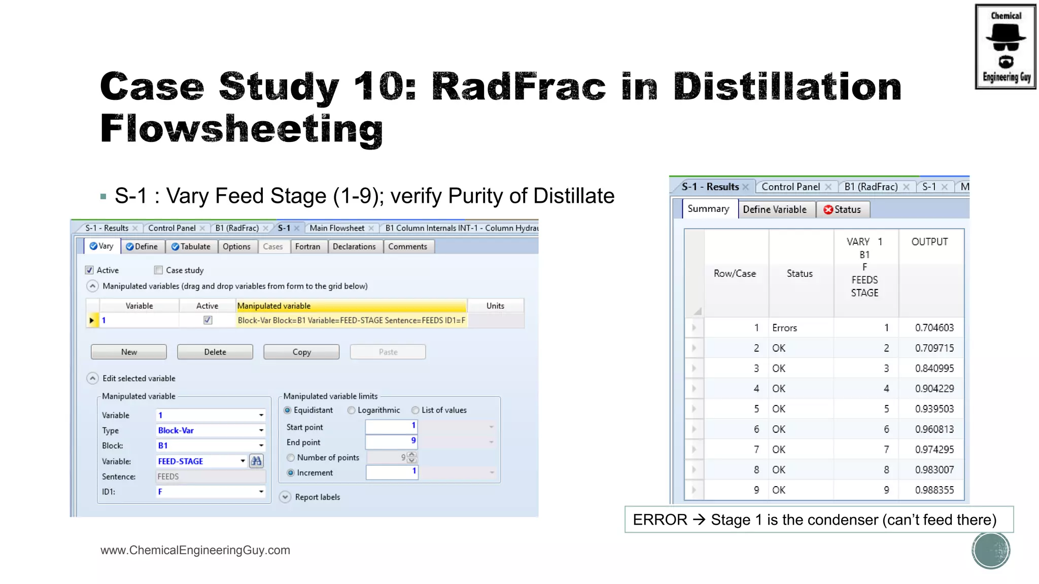  S-1 : Vary Feed Stage (1-9); verify Purity of Distillate
www.ChemicalEngineeringGuy.com
ERROR  Stage 1 is the condenser (can’t feed there)
 