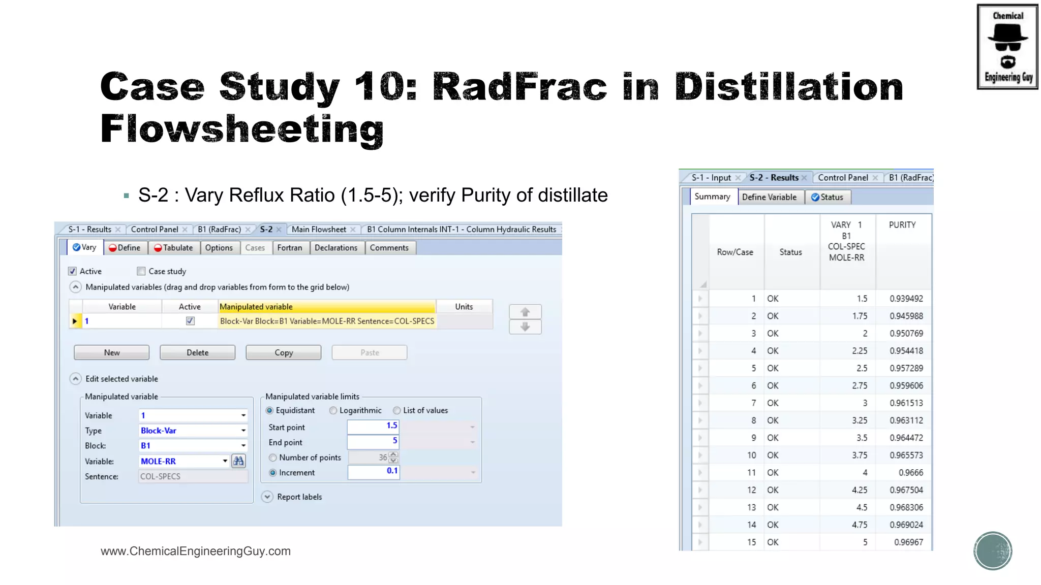  S-2 : Vary Reflux Ratio (1.5-5); verify Purity of distillate
www.ChemicalEngineeringGuy.com
 