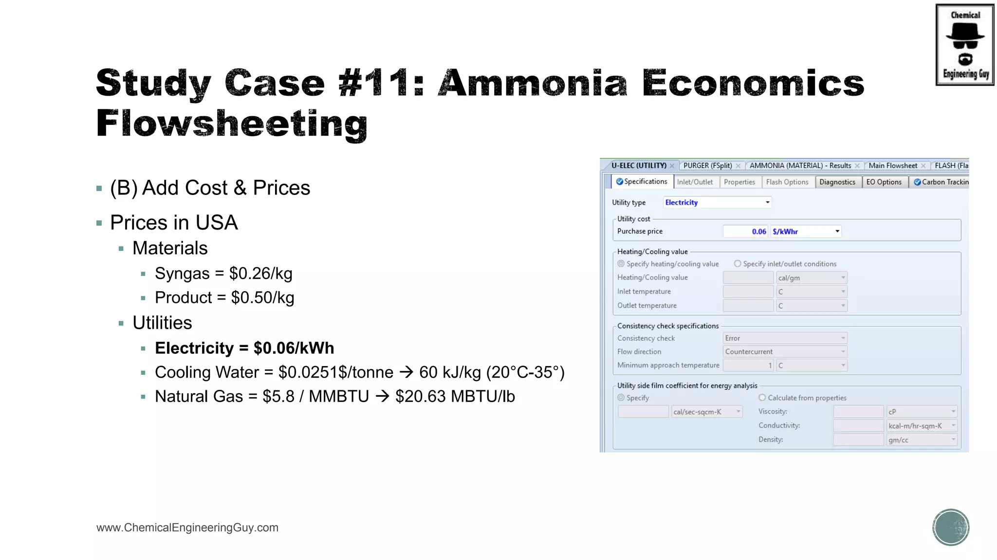  (B) Add Cost & Prices
 Prices in USA
 Materials
 Syngas = $0.26/kg
 Product = $0.50/kg
 Utilities
 Electricity = $0.06/kWh
 Cooling Water = $0.0251$/tonne  60 kJ/kg (20°C-35°)
 Natural Gas = $5.8 / MMBTU  $20.63 MBTU/lb
www.ChemicalEngineeringGuy.com
 