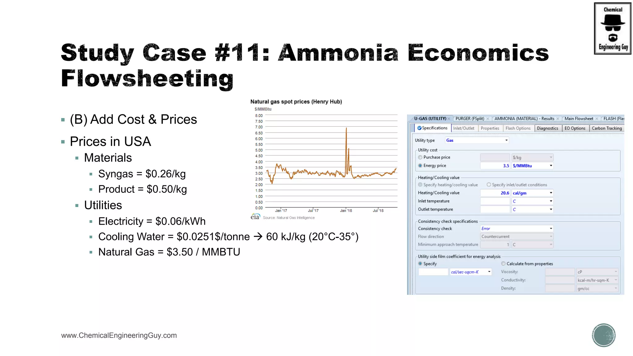 (B) Add Cost & Prices
 Prices in USA
 Materials
 Syngas = $0.26/kg
 Product = $0.50/kg
 Utilities
 Electricity = $0.06/kWh
 Cooling Water = $0.0251$/tonne  60 kJ/kg (20°C-35°)
 Natural Gas = $3.50 / MMBTU
www.ChemicalEngineeringGuy.com
 