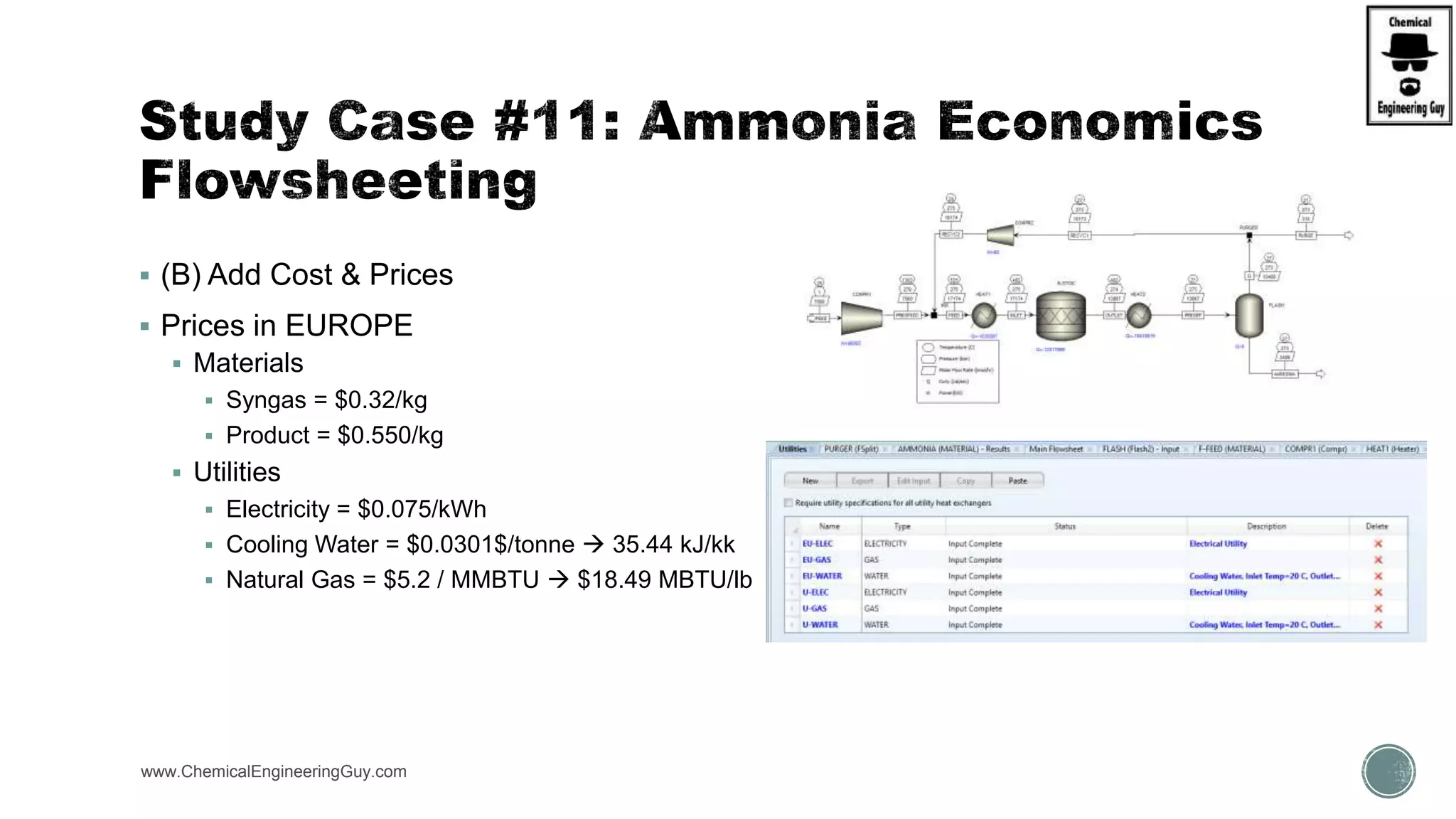  (B) Add Cost & Prices
 Prices in EUROPE
 Materials
 Syngas = $0.32/kg
 Product = $0.550/kg
 Utilities
 Electricity = $0.075/kWh
 Cooling Water = $0.0301$/tonne  35.44 kJ/kk
 Natural Gas = $5.2 / MMBTU  $18.49 MBTU/lb
www.ChemicalEngineeringGuy.com
 
