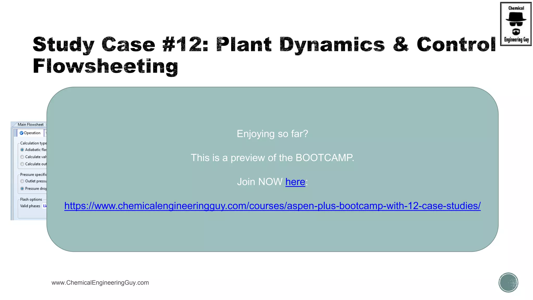 www.ChemicalEngineeringGuy.com
Enjoying so far?
This is a preview of the BOOTCAMP.
Join NOW here:
https://www.chemicalengineeringguy.com/courses/aspen-plus-bootcamp-with-12-case-studies/
 