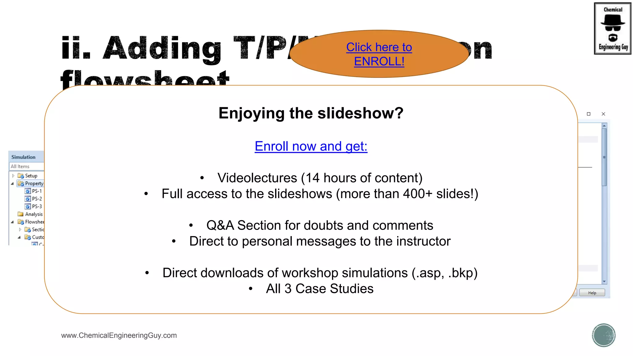  Other Properties can be added:
 Property Sets
 Limited to 6 labels
www.ChemicalEngineeringGuy.com
Enjoying the slideshow?
Enroll now and get:
• Videolectures (14 hours of content)
• Full access to the slideshows (more than 400+ slides!)
• Q&A Section for doubts and comments
• Direct to personal messages to the instructor
• Direct downloads of workshop simulations (.asp, .bkp)
• All 3 Case Studies
Click here to
ENROLL!
 