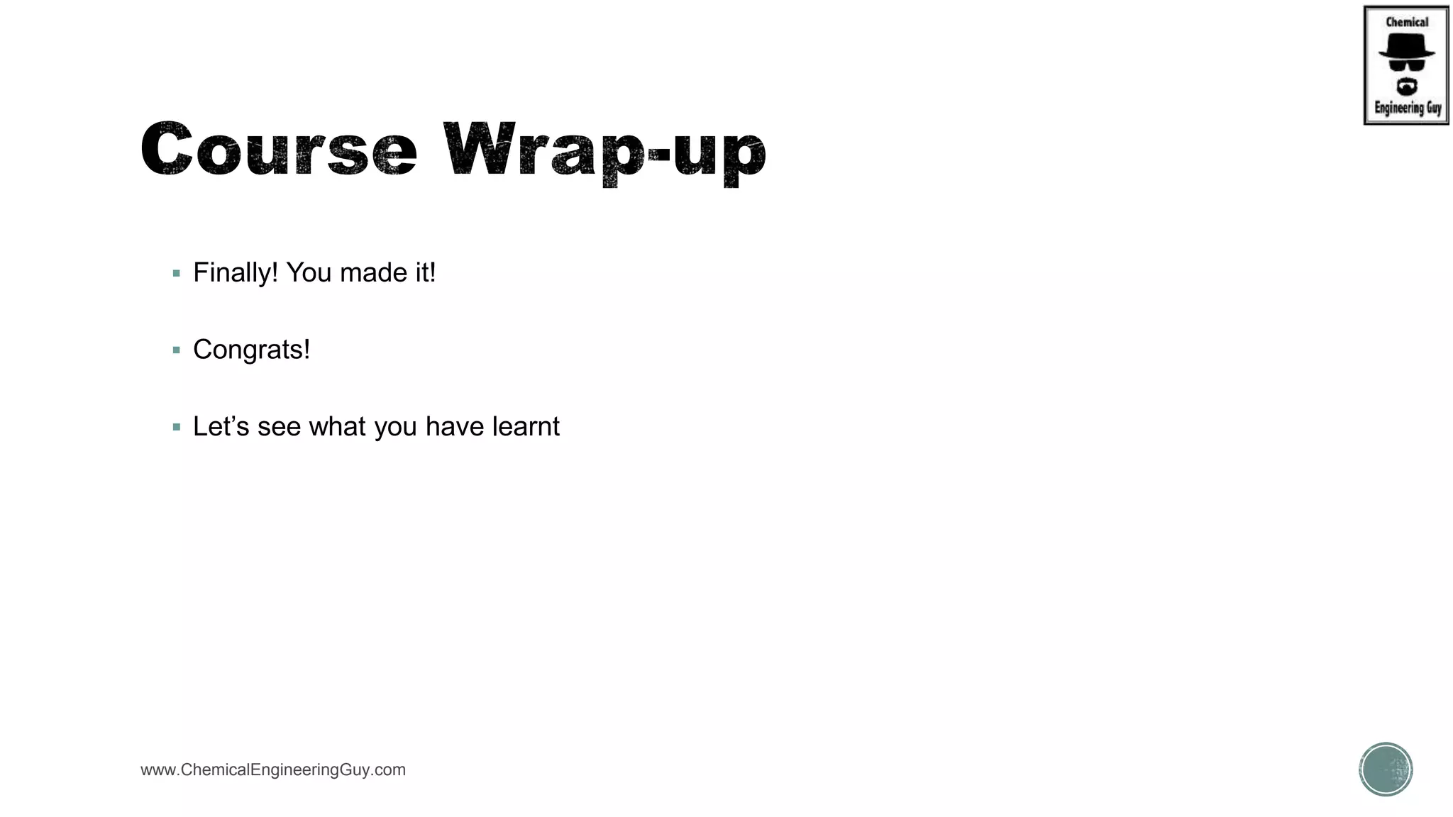  Finally! You made it!
 Congrats!
 Let’s see what you have learnt
www.ChemicalEngineeringGuy.com
 