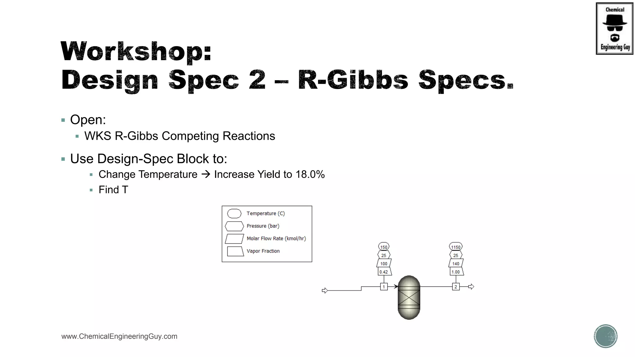 www.ChemicalEngineeringGuy.com
 Open:
 WKS R-Gibbs Competing Reactions
 Use Design-Spec Block to:
 Change Temperature  Increase Yield to 18.0%
 Find T
 