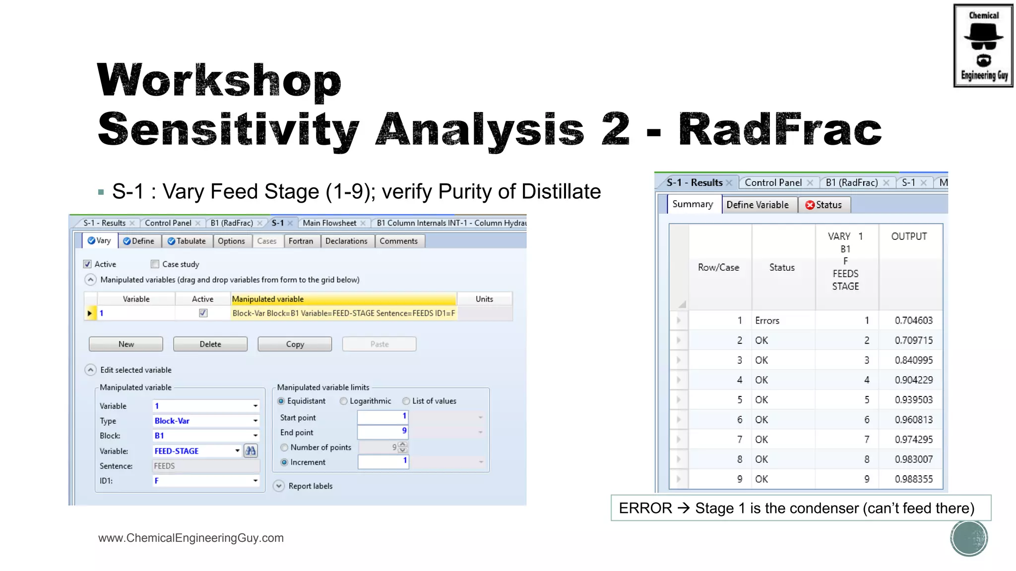  S-1 : Vary Feed Stage (1-9); verify Purity of Distillate
www.ChemicalEngineeringGuy.com
ERROR  Stage 1 is the condenser (can’t feed there)
 