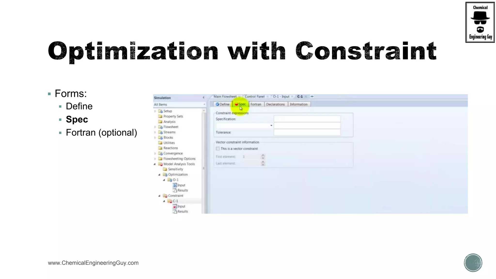  Forms:
 Define
 Spec
 Fortran (optional)
www.ChemicalEngineeringGuy.com
 