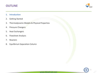 www.Abuelrub.com
OUTLINE
1. Introduction
2. Getting Started
3. Thermodynamic Models & Physical Properties
4. Pressure Changers
5. Heat Exchangers
6. Flowsheet Analysis
7. Reactors
8. Equilibrium Separation Column
2
 