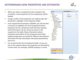 www.Abuelrub.com
DETERMINING HOW PROPERTIES ARE ESTIMATED
• When you select a component to be included in the
simulation, many properties for this component will be
loaded.
• A large number of the properties are loaded under the
Parameters subfolder in the Properties folder.
• If you expand the Parameters subfolder, you will see that
it consists of subfolders for Pure Component (where
properties for the component itself, like heat capacity,
heat of formation, etc are stored as shown in the
snapshot to the right), Binary Interaction (where
interaction parameters of the component with other
loaded components are stored for different calculations),
Electrolyte Pair (for electrolytic interaction parameters),
and so on.
• Let us examine the Pure Component folder. As you can
see in the snapshot above, the properties are denoted by
a short name. For example, CPIGDP property is a short
23
 