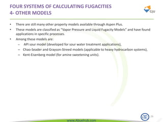 www.Abuelrub.com
FOUR SYSTEMS OF CALCULATING FUGACITIES
4- OTHER MODELS
• There are still many other property models available through Aspen Plus.
• These models are classified as “Vapor Pressure and Liquid Fugacity Models” and have found
applications in specific processes.
• Among these models are:
– API sour model (developed for sour water treatment applications),
– Chao-Seader and Grayson-Streed models (applicable to heavy hydrocarbon systems),
– Kent-Eisenberg model (for amine sweetening units).
29
 