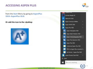 www.Abuelrub.com
ACCESSING ASPEN PLUS
from the Start Menu by going to AspenPlus
V8.8> AspenPlus V8.8.
Or add the icon to the :desktop
9
 
